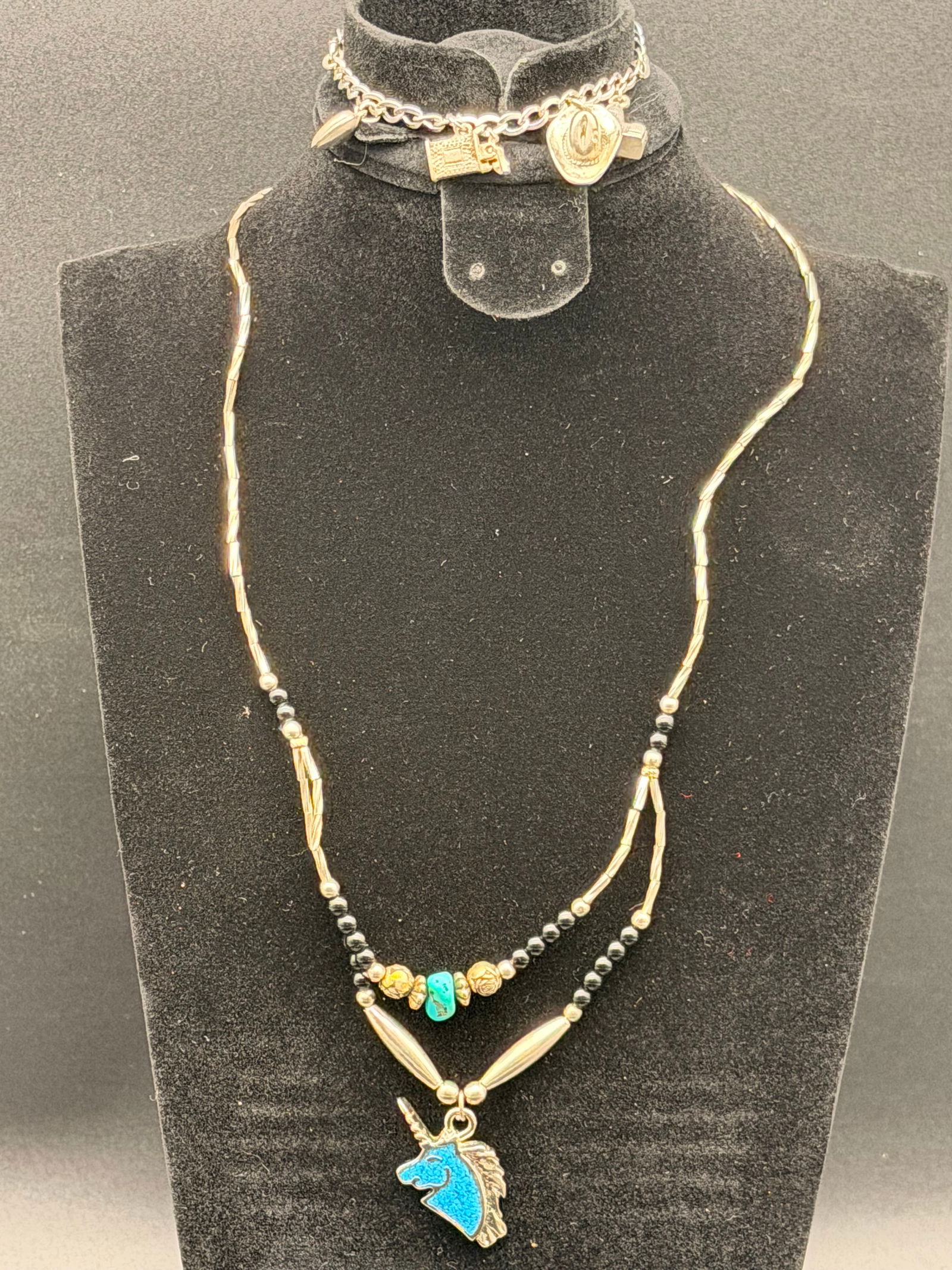 Vintage Sterling Charm Bracelet + Navajo Style Turquoise Double Strand Necklace Lot – 32g (1 of 9)