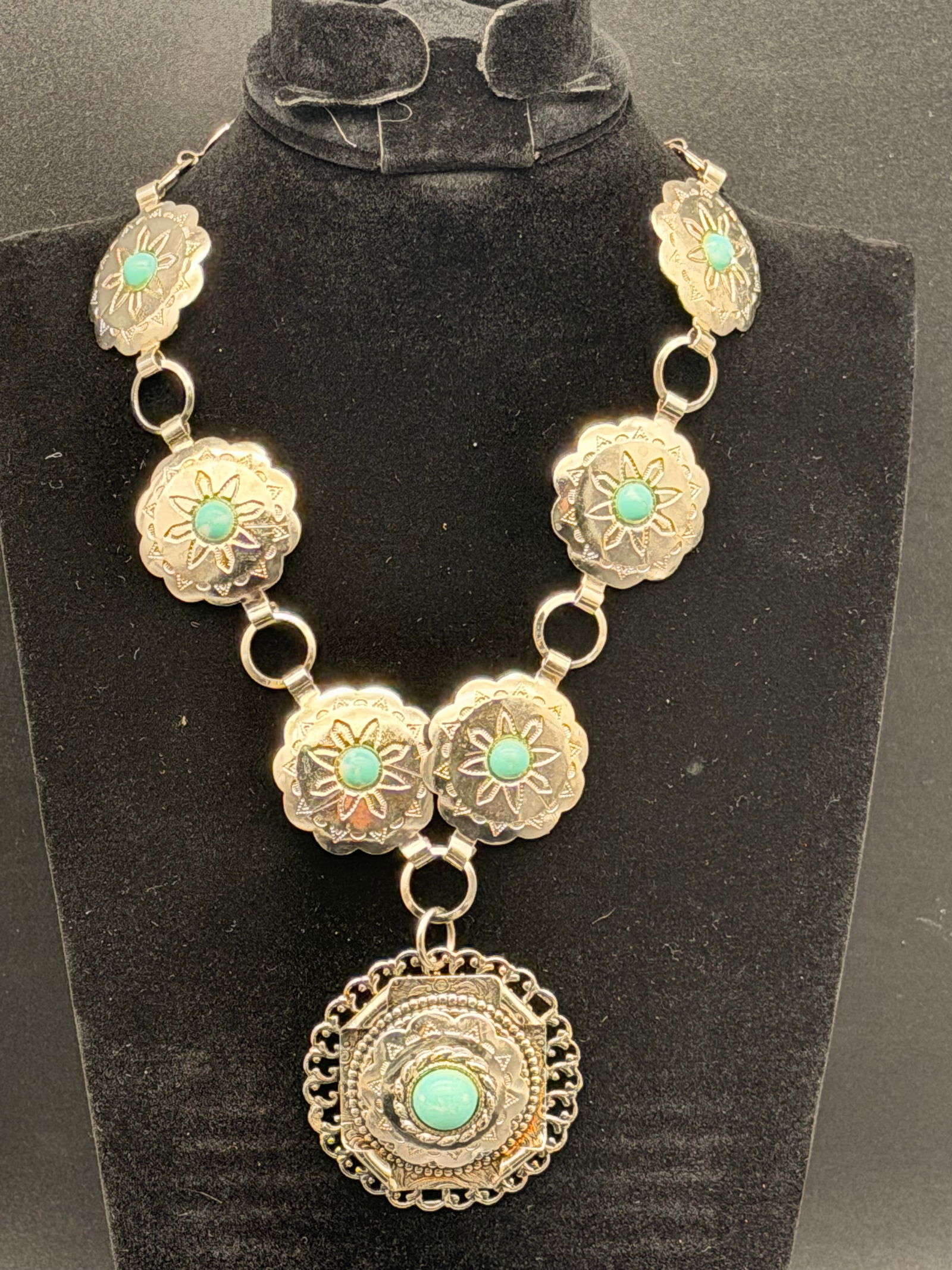 Vintage Navajo-Style Sterling Concho Necklace w/ Turquoise Stones – 45g Southwest Statement (1 of 8)