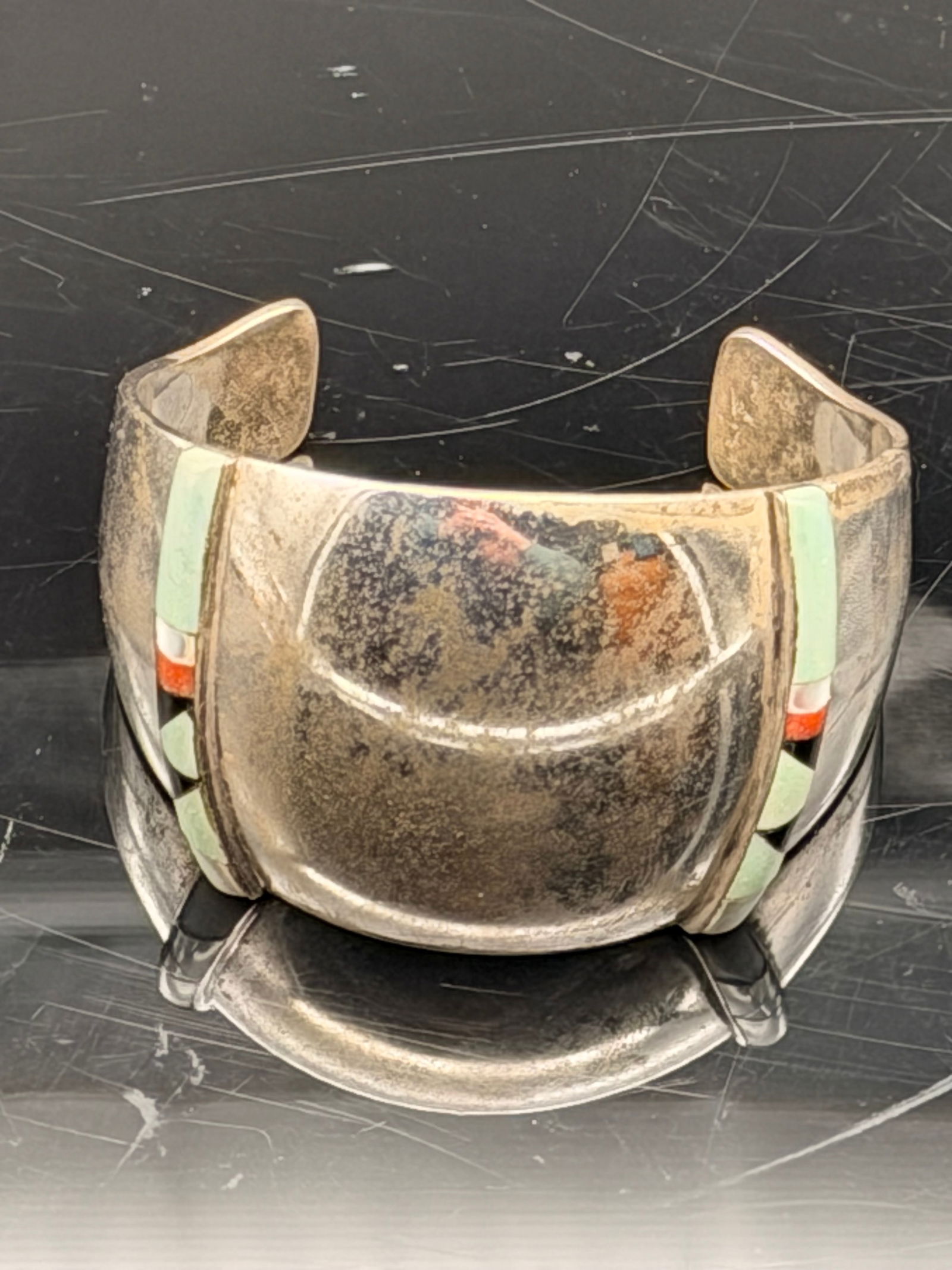 Vintage Navajo Sterling Silver Inlay Cuff Bracelet – 59g Sunburst Mark, Turquoise & Coral Onyx (1 of 8)
