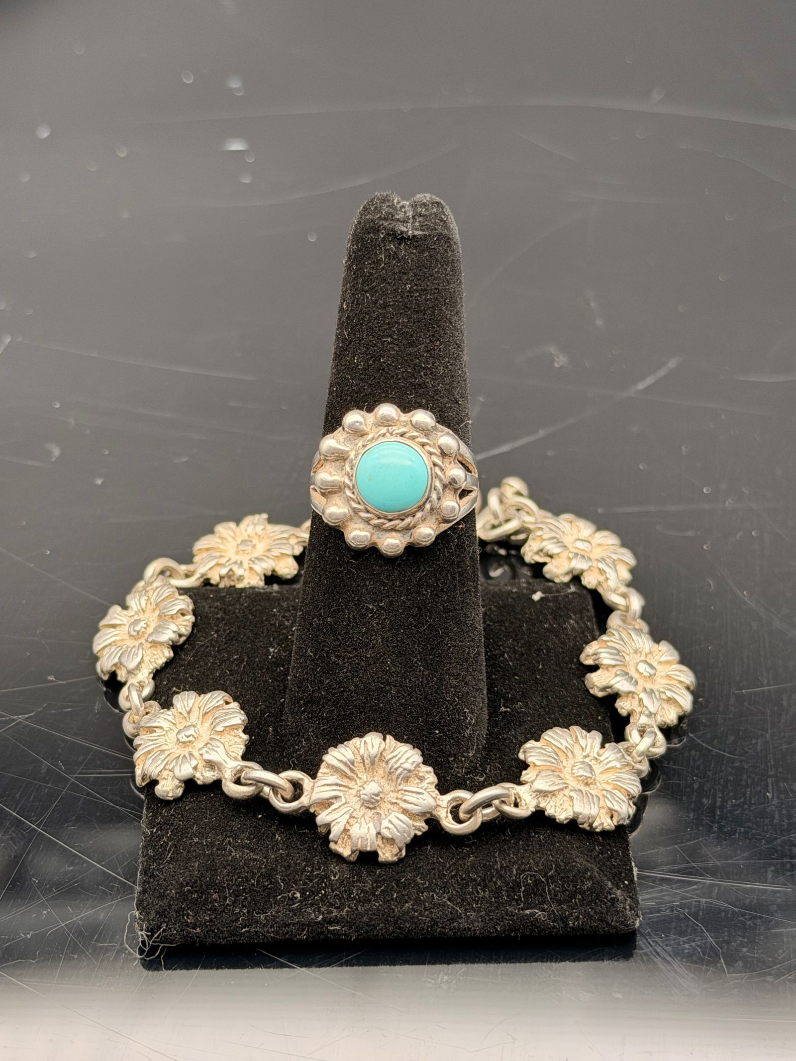 Vintage Sterling Silver Flower Link Bracelet & Turquoise Ring Set – 31g Floral Design (1 of 7)