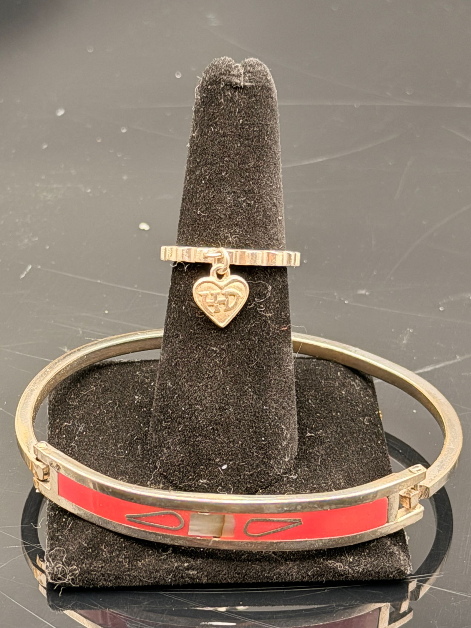 Vintage Sterling Silver Mexico Bracelet & 925 Ring Set – Red Inlay Bangle + Heart Charm – 17g (1 of 10)