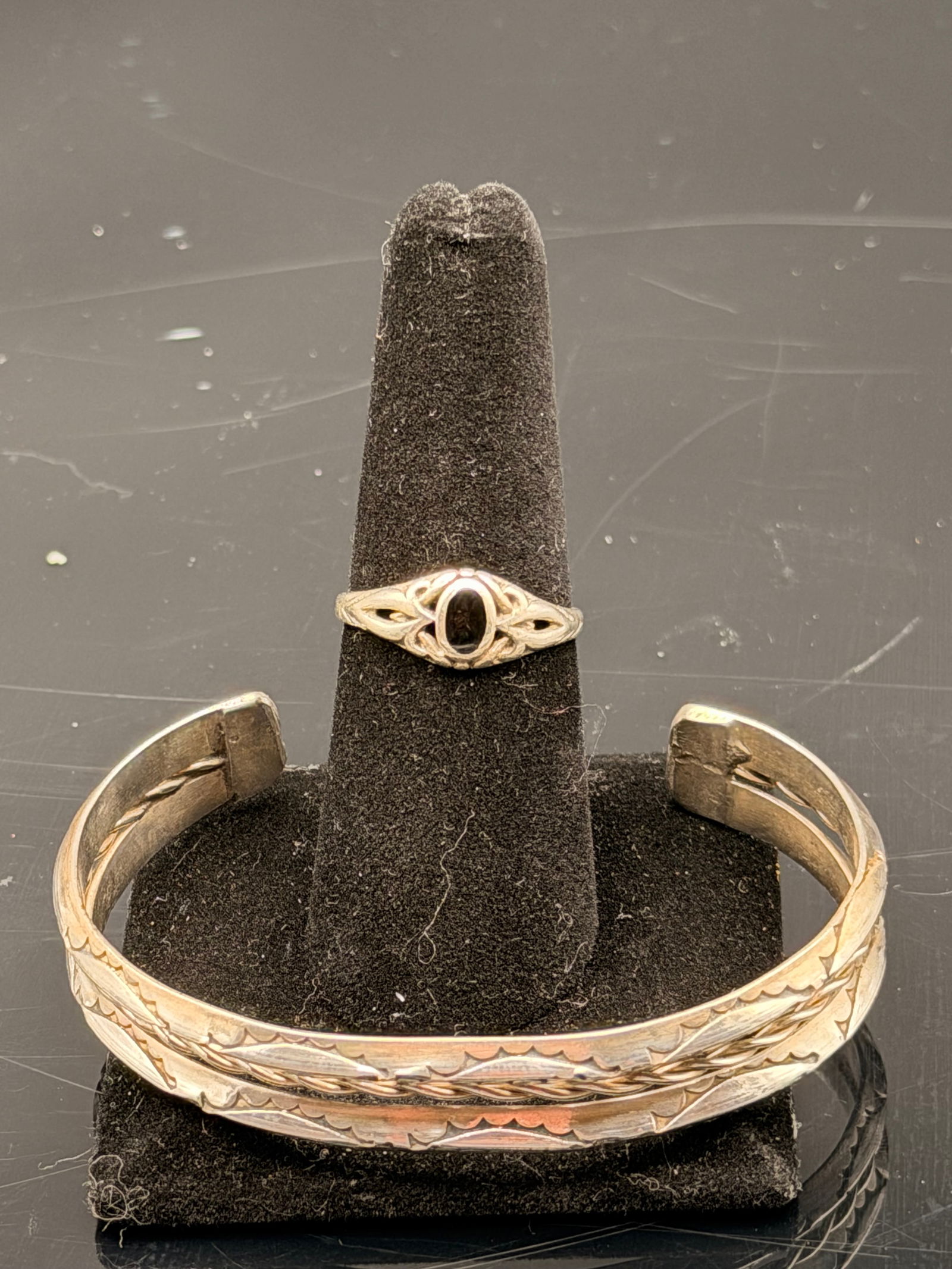 Vintage sterling silver jewelry set from Mexico, includes a red inlay hinged bangle bracelet and a 9 (1 of 10)