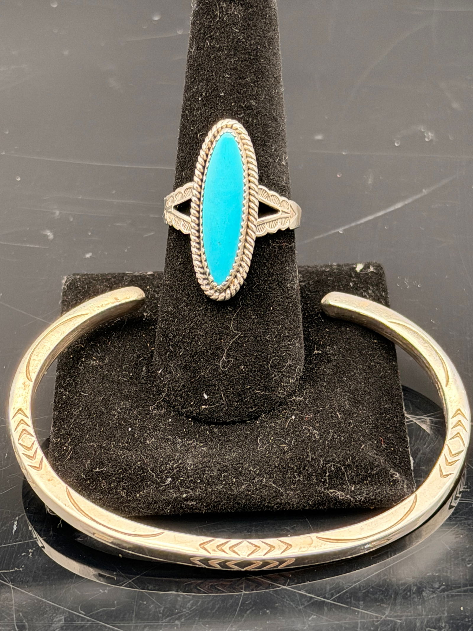 Navajo Sterling Silver Turquoise Ring & Stamped Cuff Bracelet Set – 21g – Native American (1 of 12)