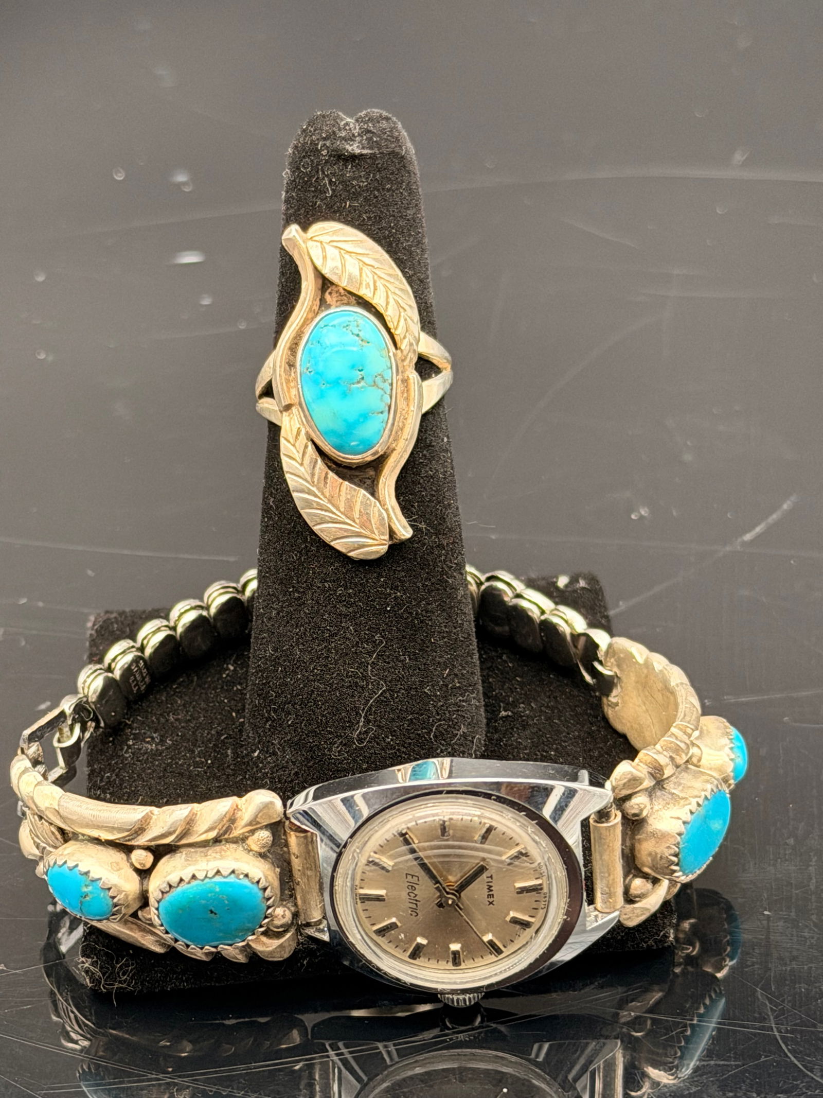 Vintage Timex Turquoise Watch Band & Turquoise Sterling Ring Set – Southwest Navajo Style – 41g (1 of 11)