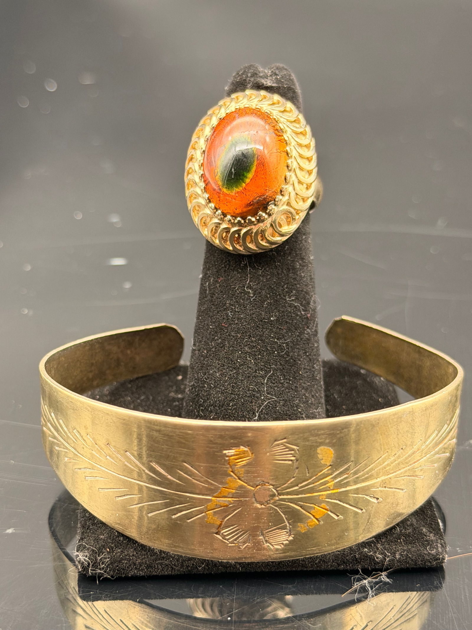 Vintage Whiting & Davis Cocktail Ring + Gold Tone Etched Cuff Bracelet Lot – 28g – Retro Costume (1 of 10)