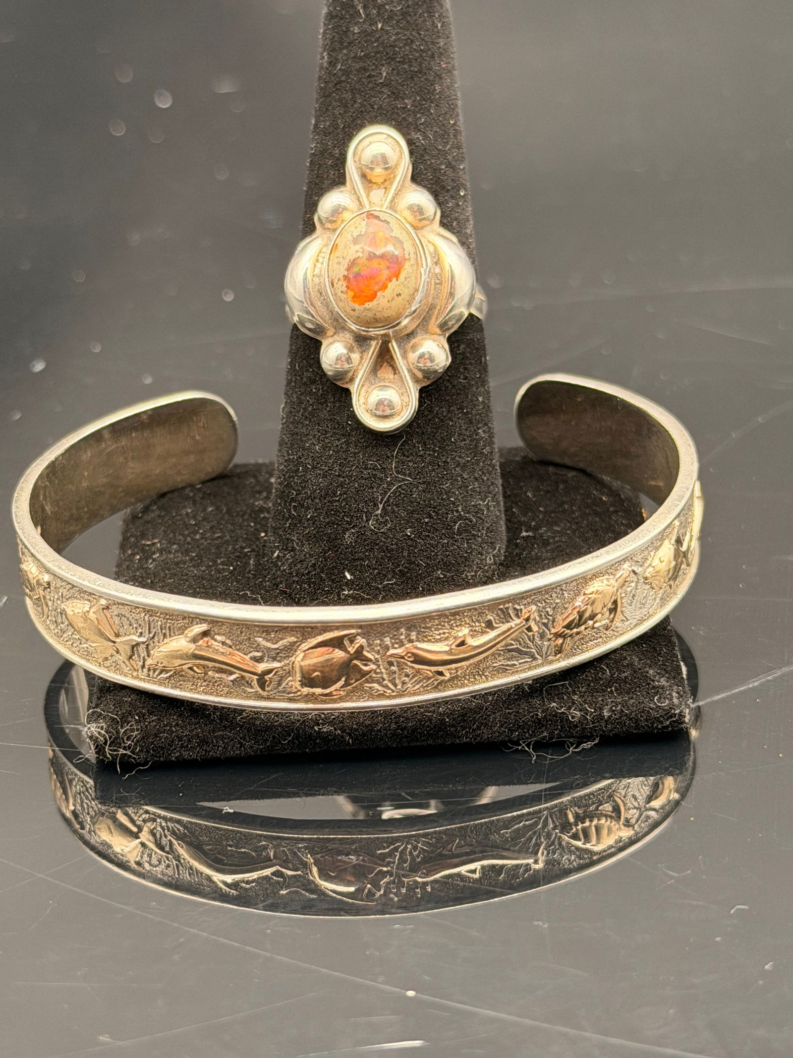 Kabana Sterling Silver 14K Gold Inlay Cuff Bracelet + Mexican Fire Opal Ring 21g – Southwest Fine (1 of 11)