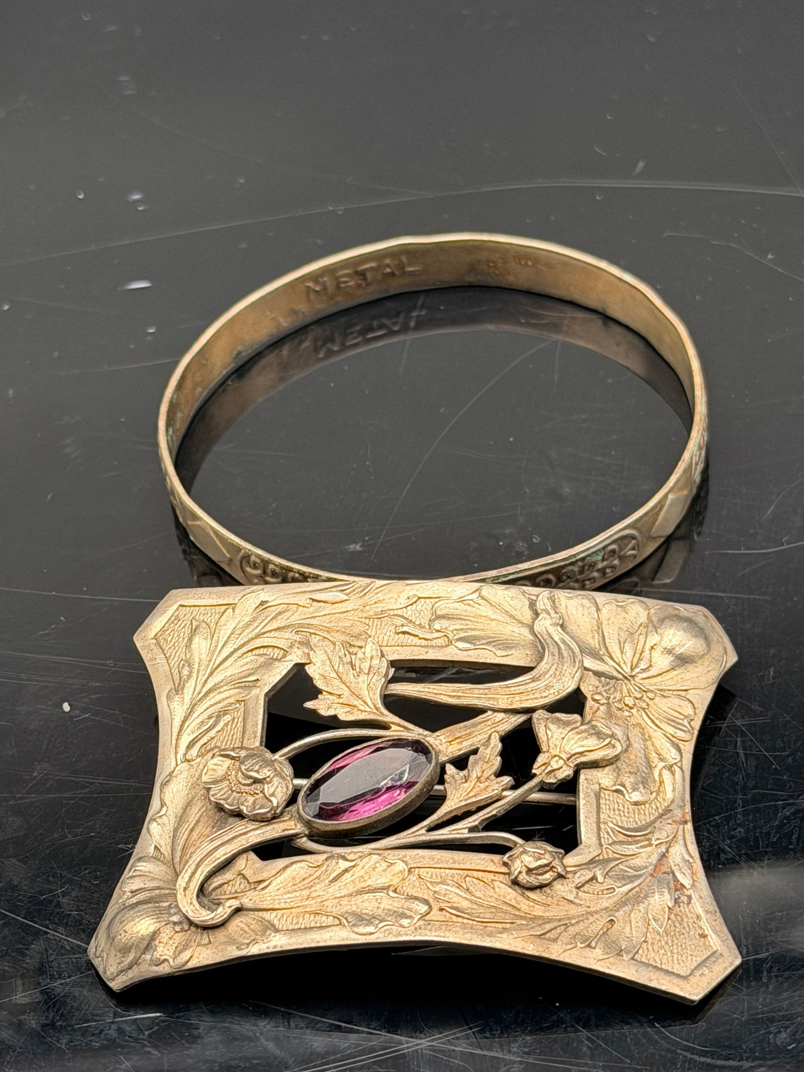 Antique Art Nouveau Brass Brooch w/ Amethyst Glass + Bracelet – Floral Relief – 6744 – 50g (1 of 9)
