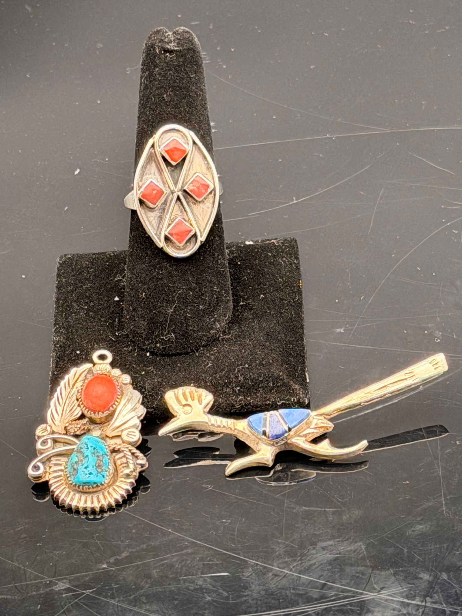 Sterling Silver Lot – Coral & Turquoise Pendant, Inlay Roadrunner Pin (Marked Sterling), Coral (1 of 7)