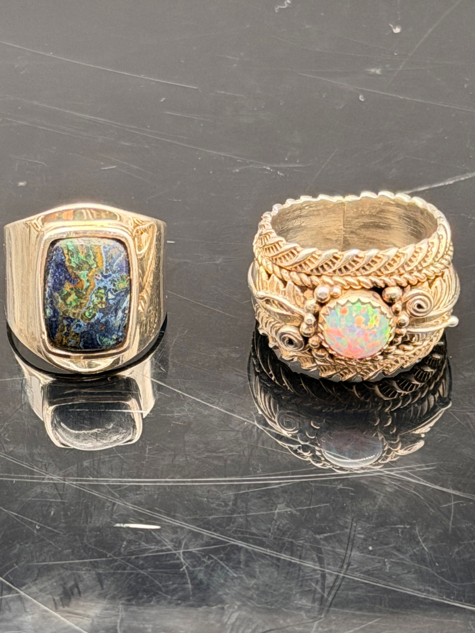 Sterling Silver 925 Ring Lot – Opal Navajo Style Ring + Wide Modern Stone Ring – 18g Total (1 of 11)