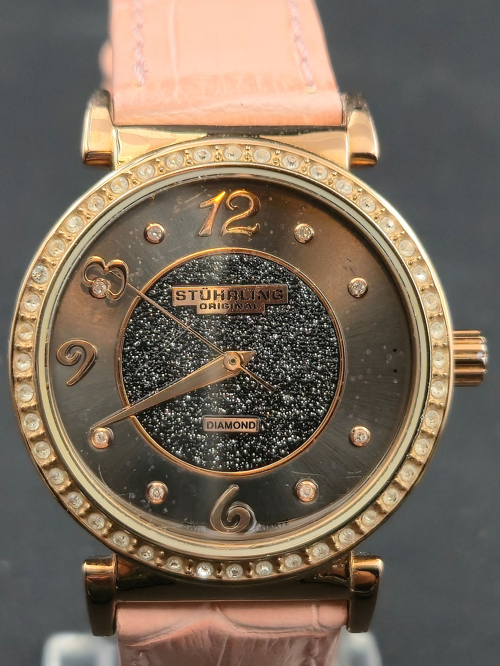 Stührling Original 34mm Ladies Diamond Bezel Rose-Gold Quartz Watch Pink Strap Running & Keeping (1 of 9)