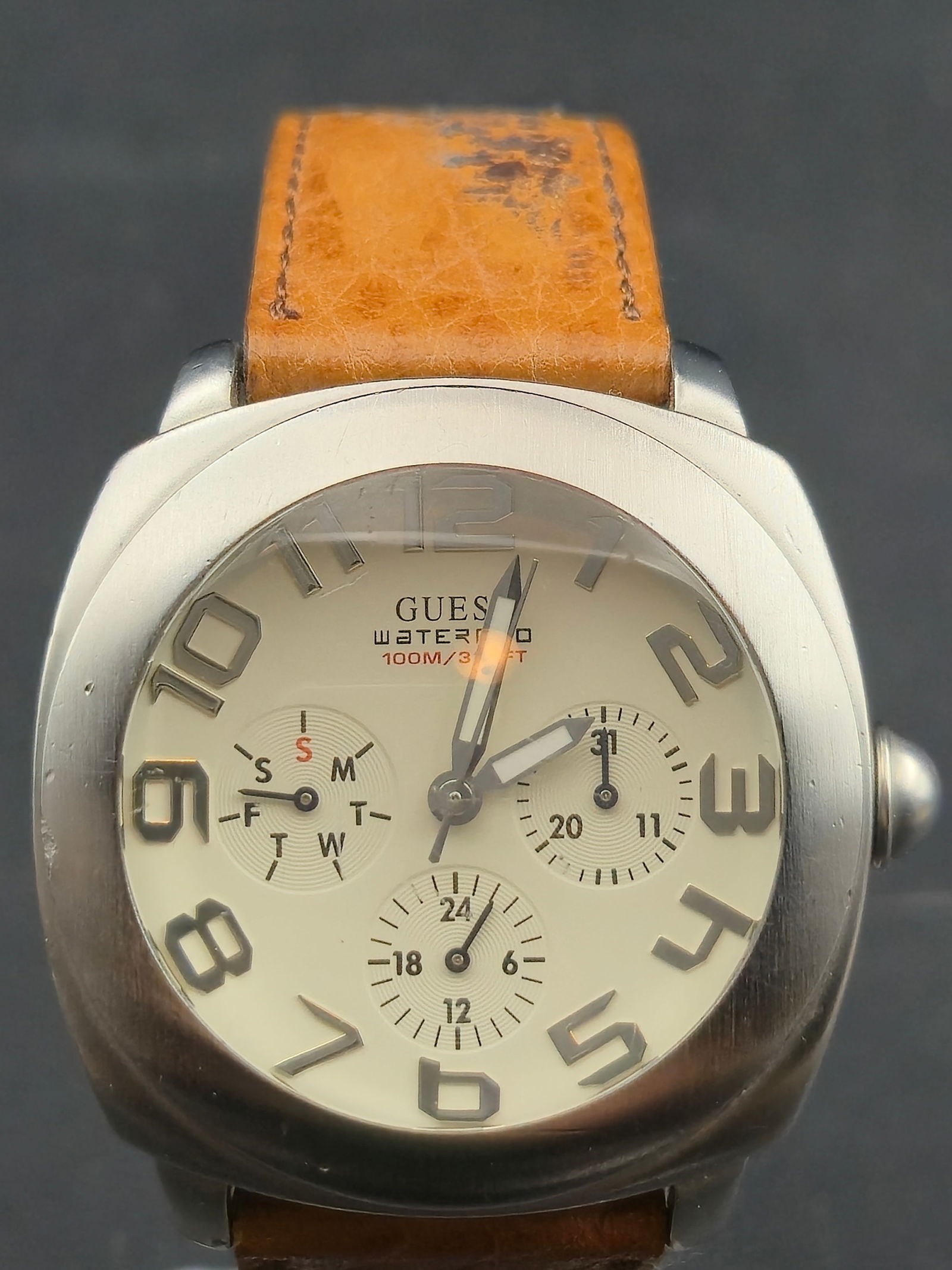 1990s Guess Waterpro Chronograph 38mm Stainless Steel Beige Dial Quartz Watch New Battery Running & (1 of 8)