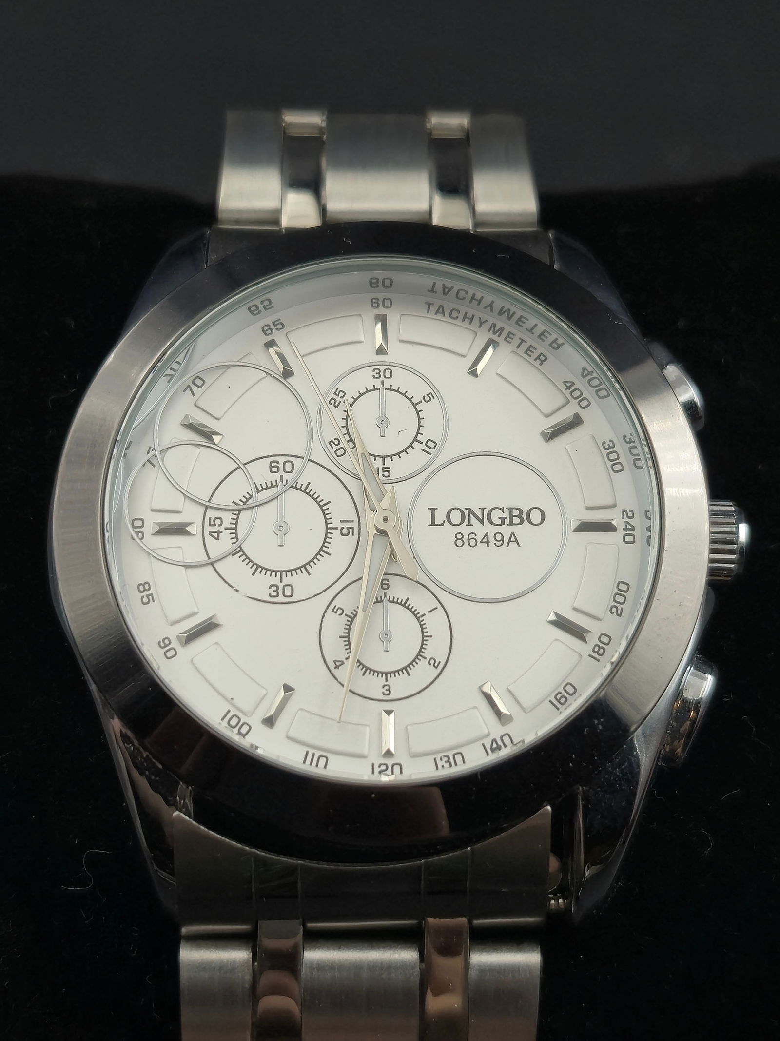 LONGBO 45mm Silver Chronograph-Style Watch Stainless Steel Band Box NOS New Battery Running (1 of 9)