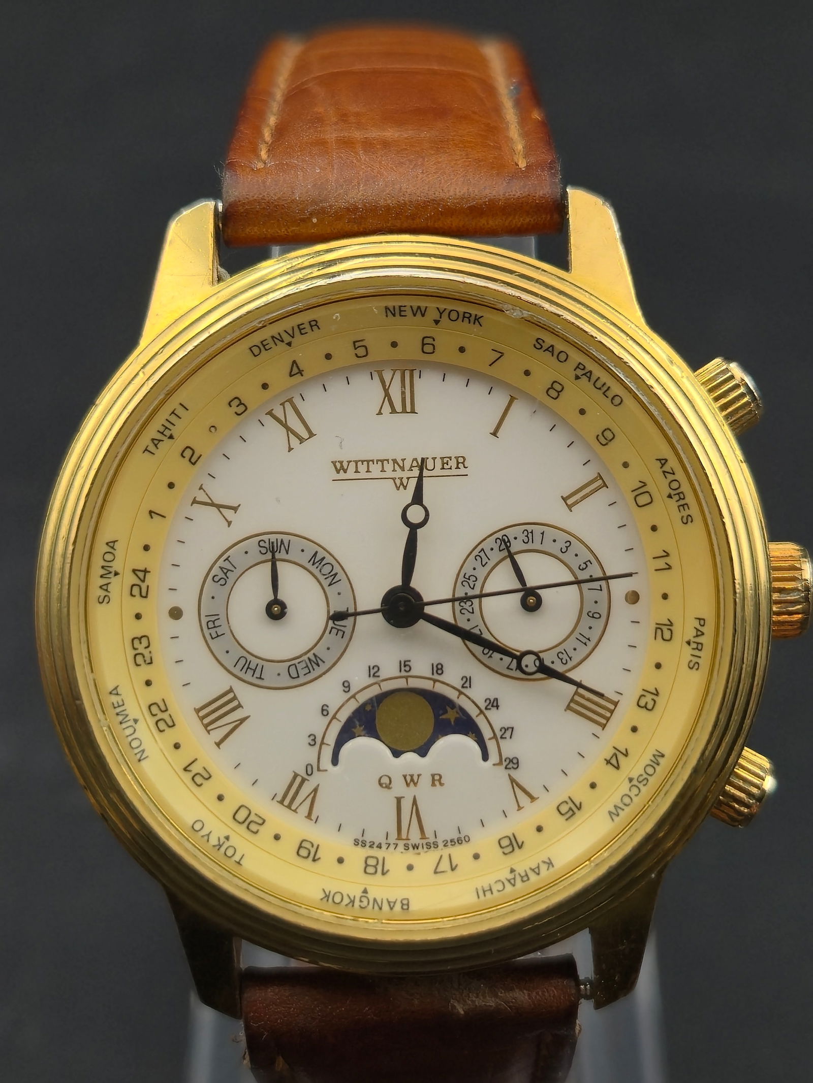 Wittnauer 36mm QWR Multi-Function World Time Moonphase Quartz Watch – New Battery (1 of 10)