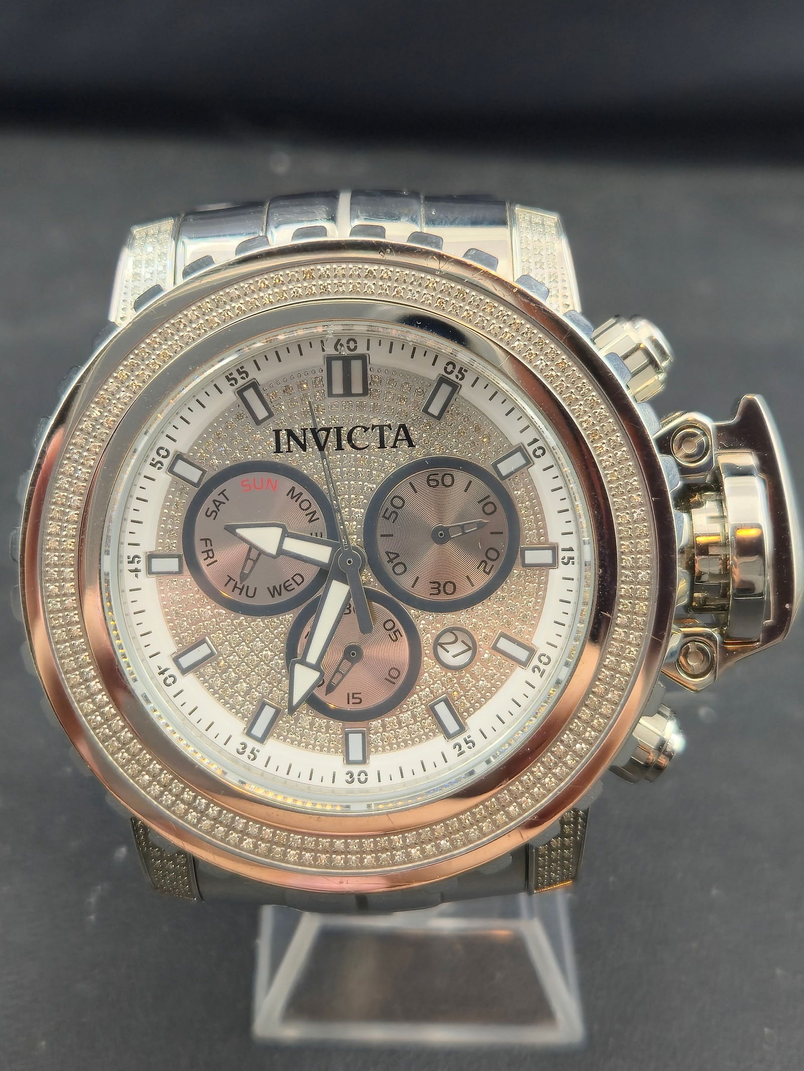 2015 Invicta Sea Hunter Diamond Edition 58mm Swiss Chronograph Stainless Steel Runs: A bold 2015 Invicta Sea Hunter Diamond Edition chronograph featuring a massive 58mm case, diamond-accented bezel and dial, Swiss quartz movement, and signature locking crown system. Running and fully