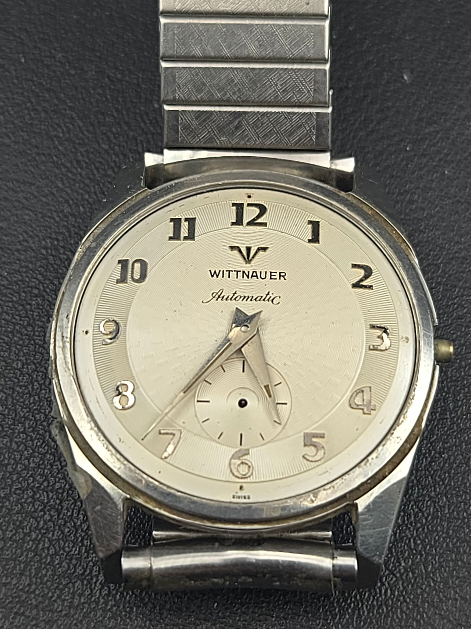 1950s Wittnauer 11AN Automatic 34mm Stainless Steel Fancy Dial Watch Running Ref 2451-HJAN: A 1950s Wittnauer stainless steel automatic wristwatch featuring the desirable fancy guilloché dial with applied Arabic numerals and a small-seconds register. Powered by the Swiss Wittnauer 11AN auto