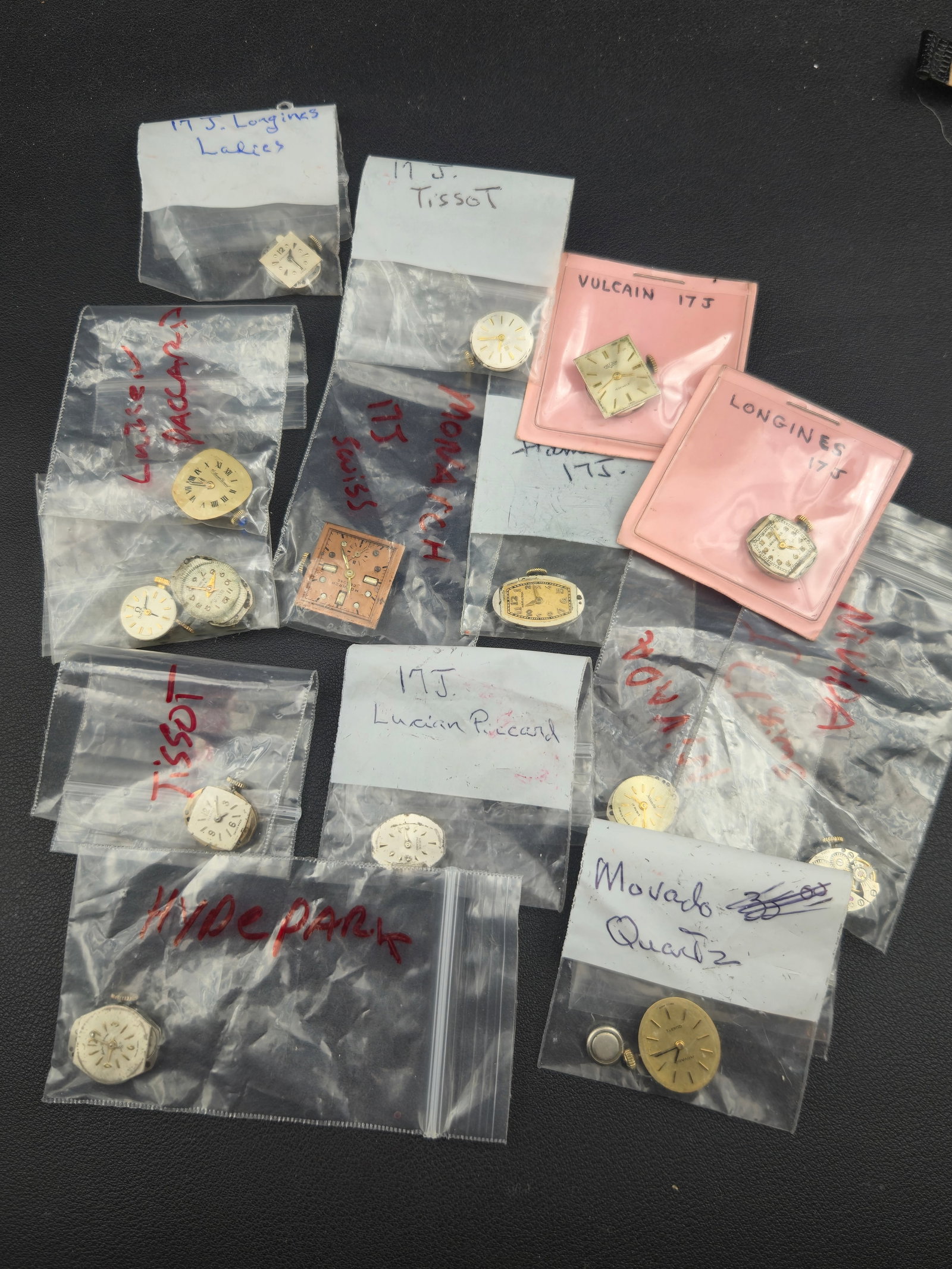 1950s–1970s Lot of 15 Swiss Watch Movements Omega Longines Tissot Vulcain Lucien Piccard: premium mixed lot of 15 vintage Swiss watch movements from respected makers including Omega, Longines, Tissot, Vulcain, Nivada, Lucien Piccard, Sloan & Co., Mondia/Movado, Hyde Park, and Zenith.Many o