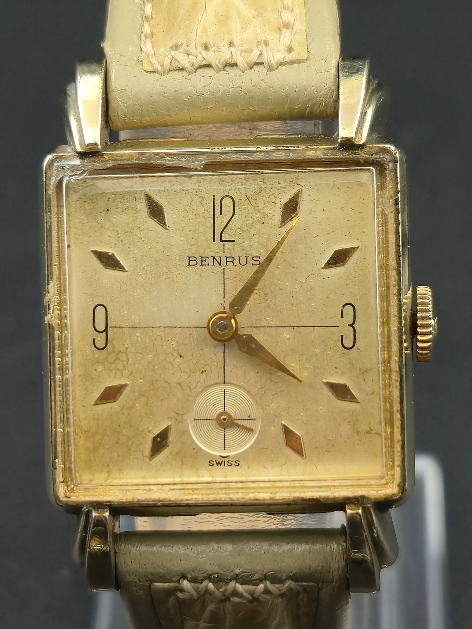 Benrus Square 25mm 10K Rolled Gold Plate 17 Jewel Mens Watch Running: Benrus square wristwatch with 10K rolled gold plate bezel and stainless steel back. The watch has a light colored dial with sub seconds and runs as shown. Wear to dial and case consistent with age. Se