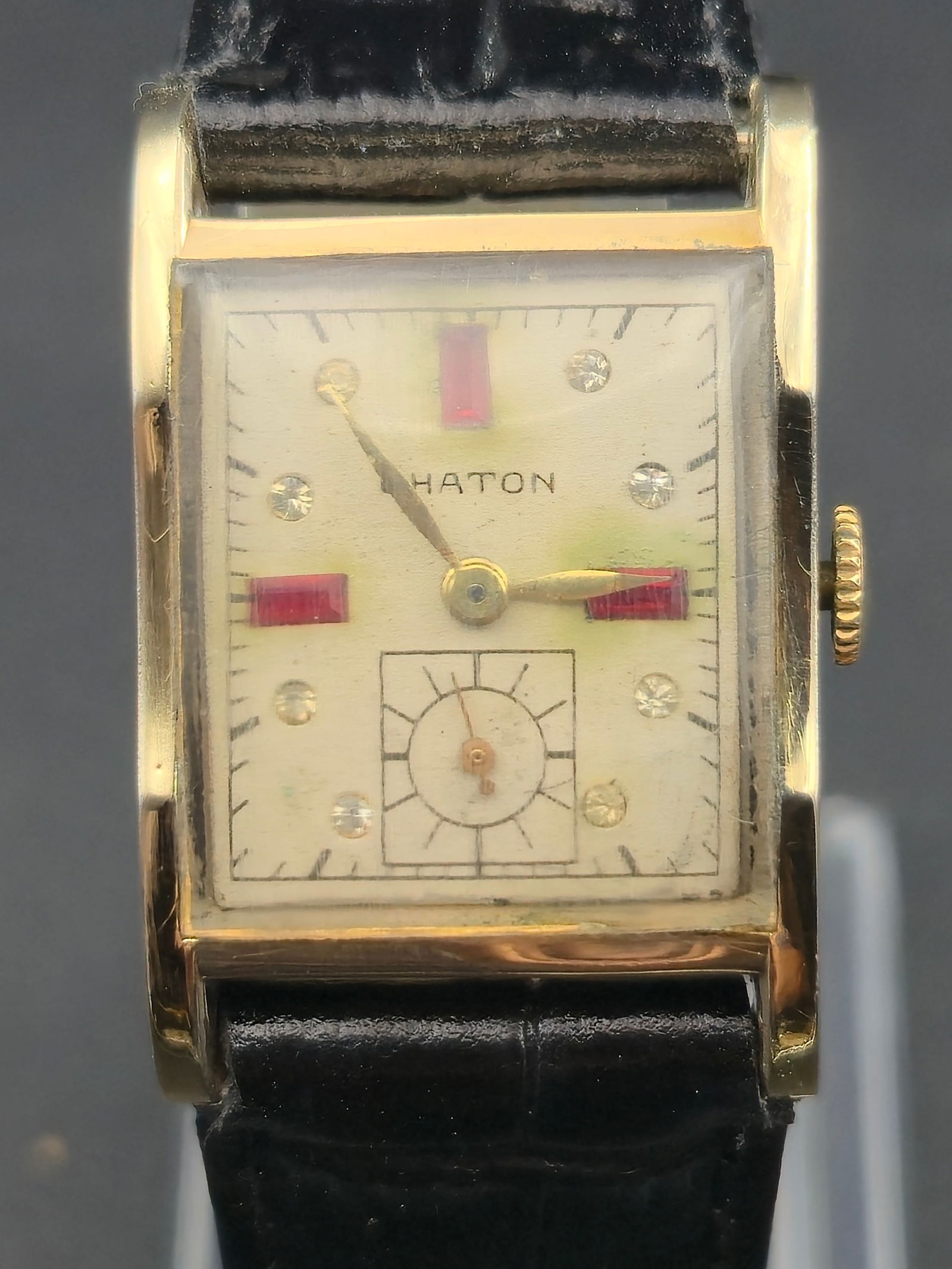 c.1950 Haton Rectangular Dress Watch 22mm 17J Swiss Manual Runs Gold Tone Diamond Dial Style (1 of 9)