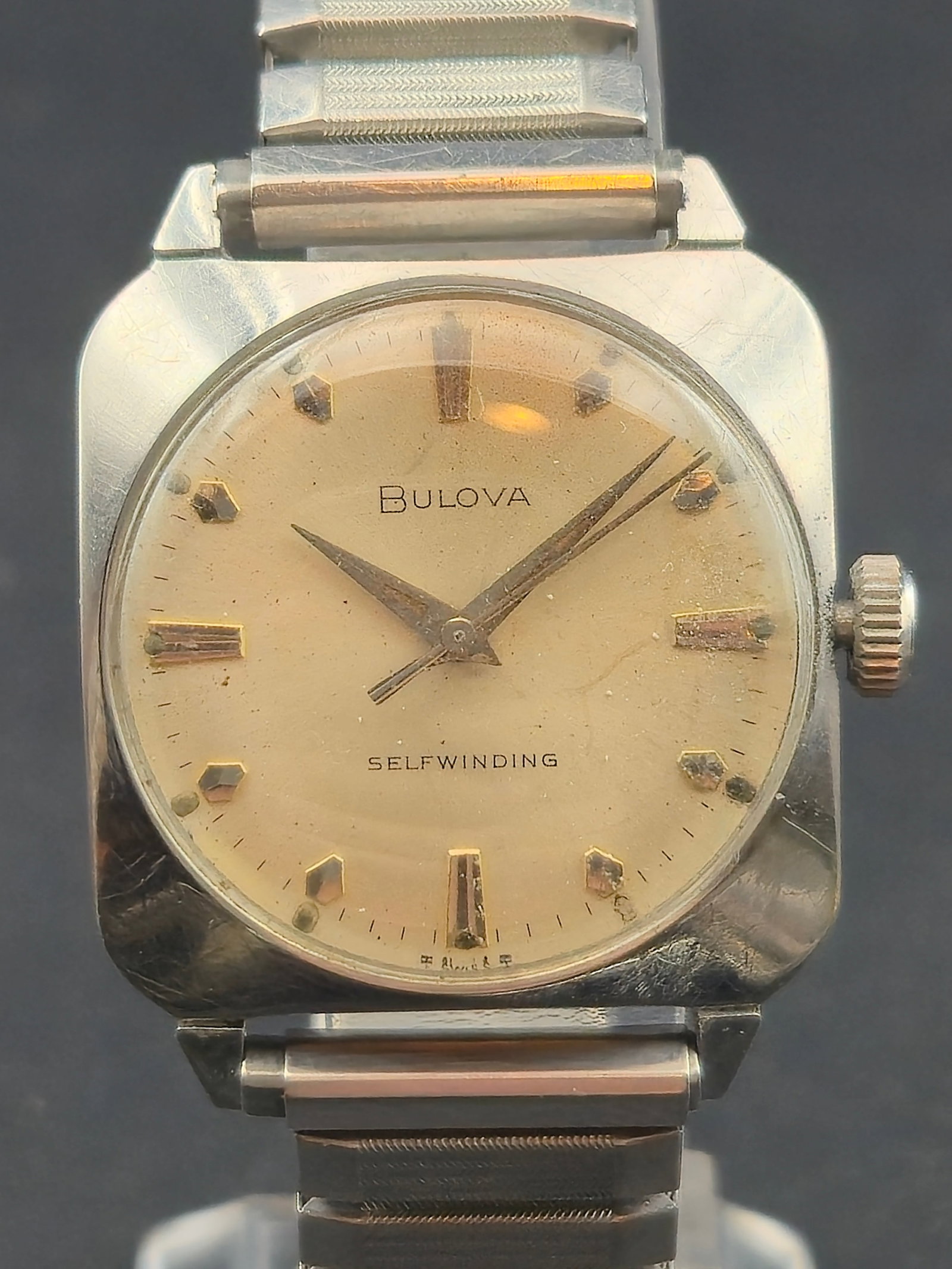 1966 Bulova Selfwinding 29mm 17J Automatic Stainless Steel Runs M6 Dress Watch: Vintage 1966 Bulova selfwinding automatic watch featuring a 29mm stainless steel case with a clean silver dial and applied gold-tone markers. Powered by the Bulova 11ALAC Swiss automatic movement with