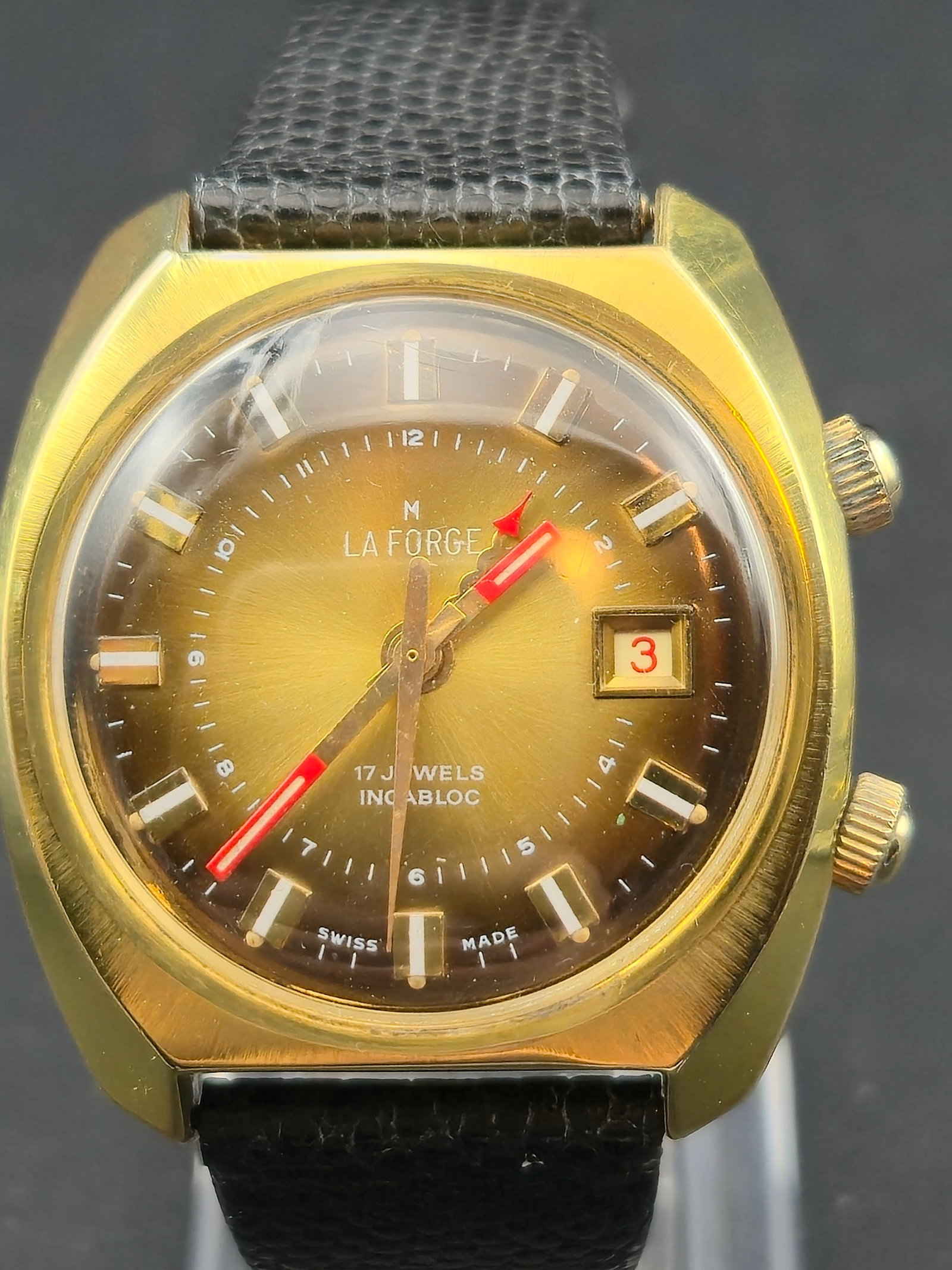 1970s La Forge Master Alarm 36mm Swiss 17J Dual Crown Incabloc Watch Fully Functional (1 of 9)