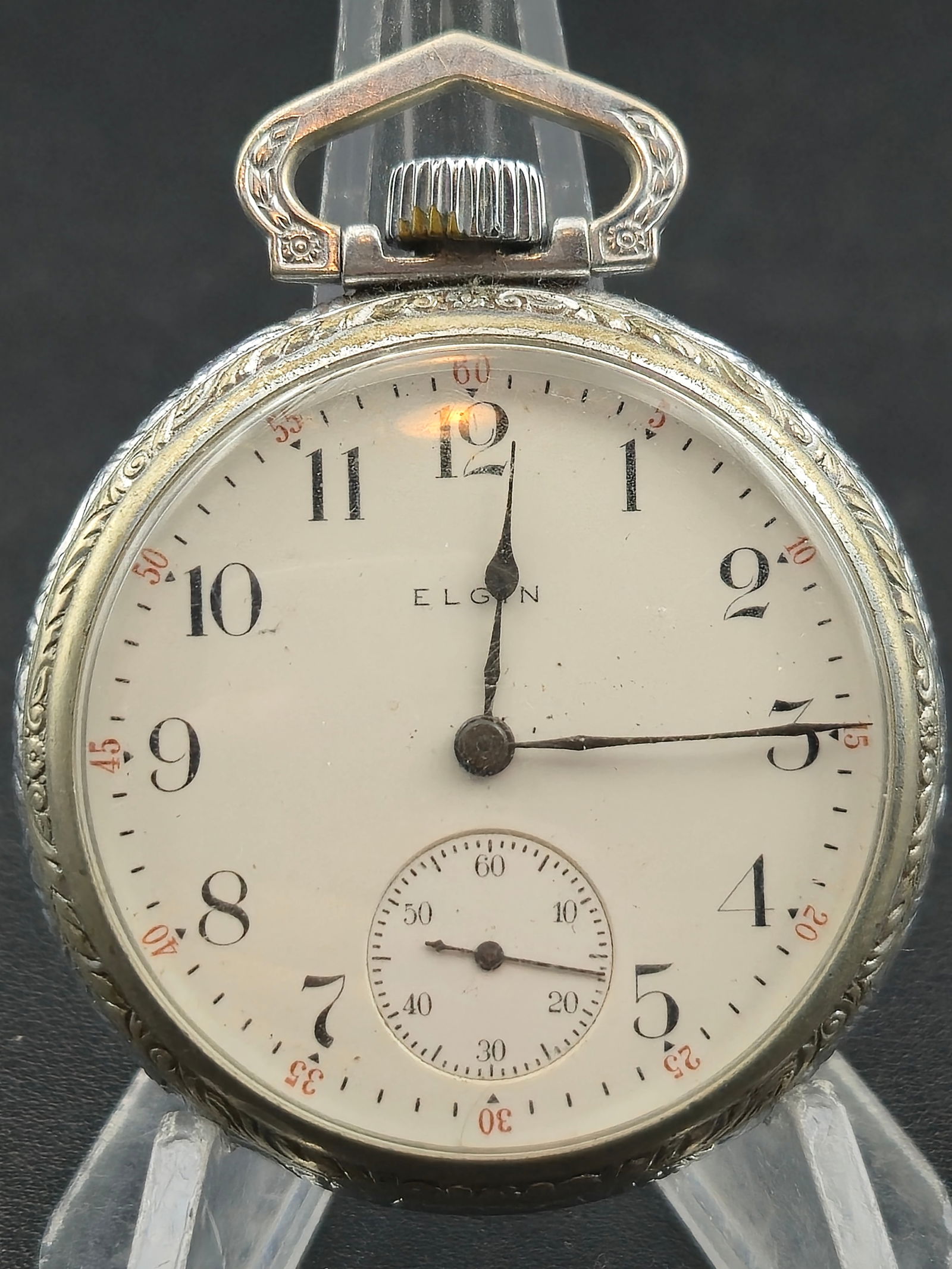 1911 Elgin Grade 313 16s 15J Pocket Watch – 50mm Engraved Case – Runs (1 of 9)