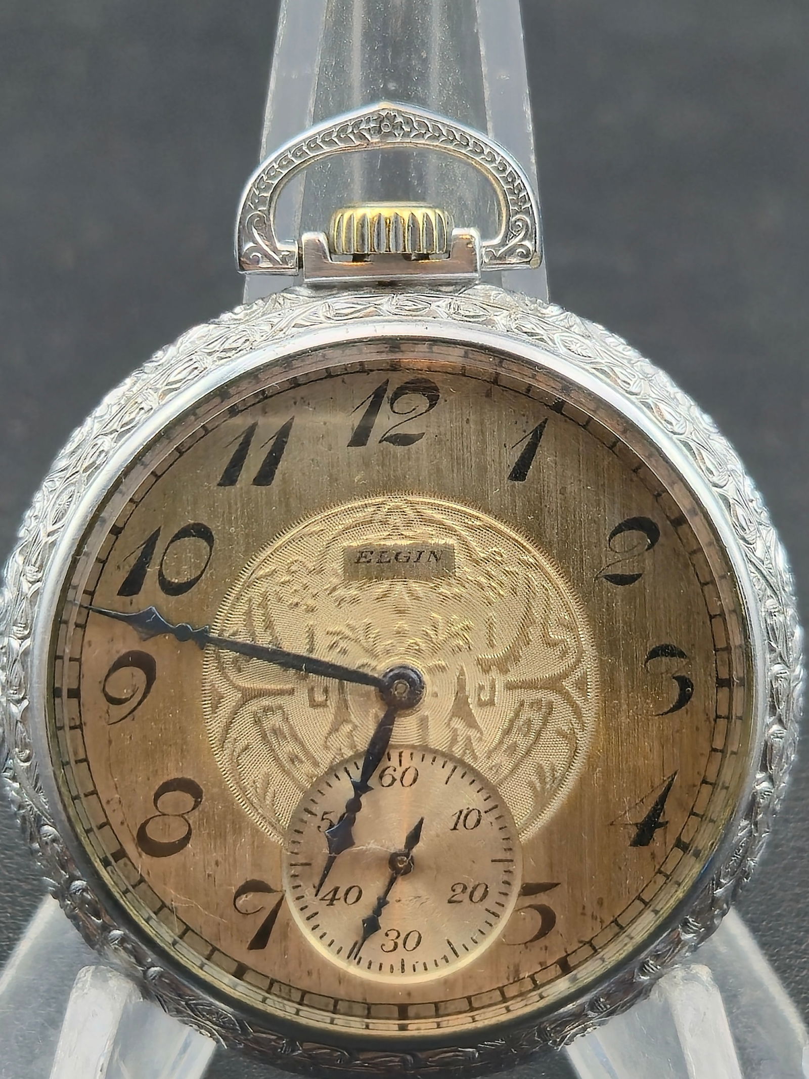 1926 Elgin 12s 15J “Stag Head” Fancy Dial Pocket Watch – Engraved Deco Case – Runs (1 of 8)