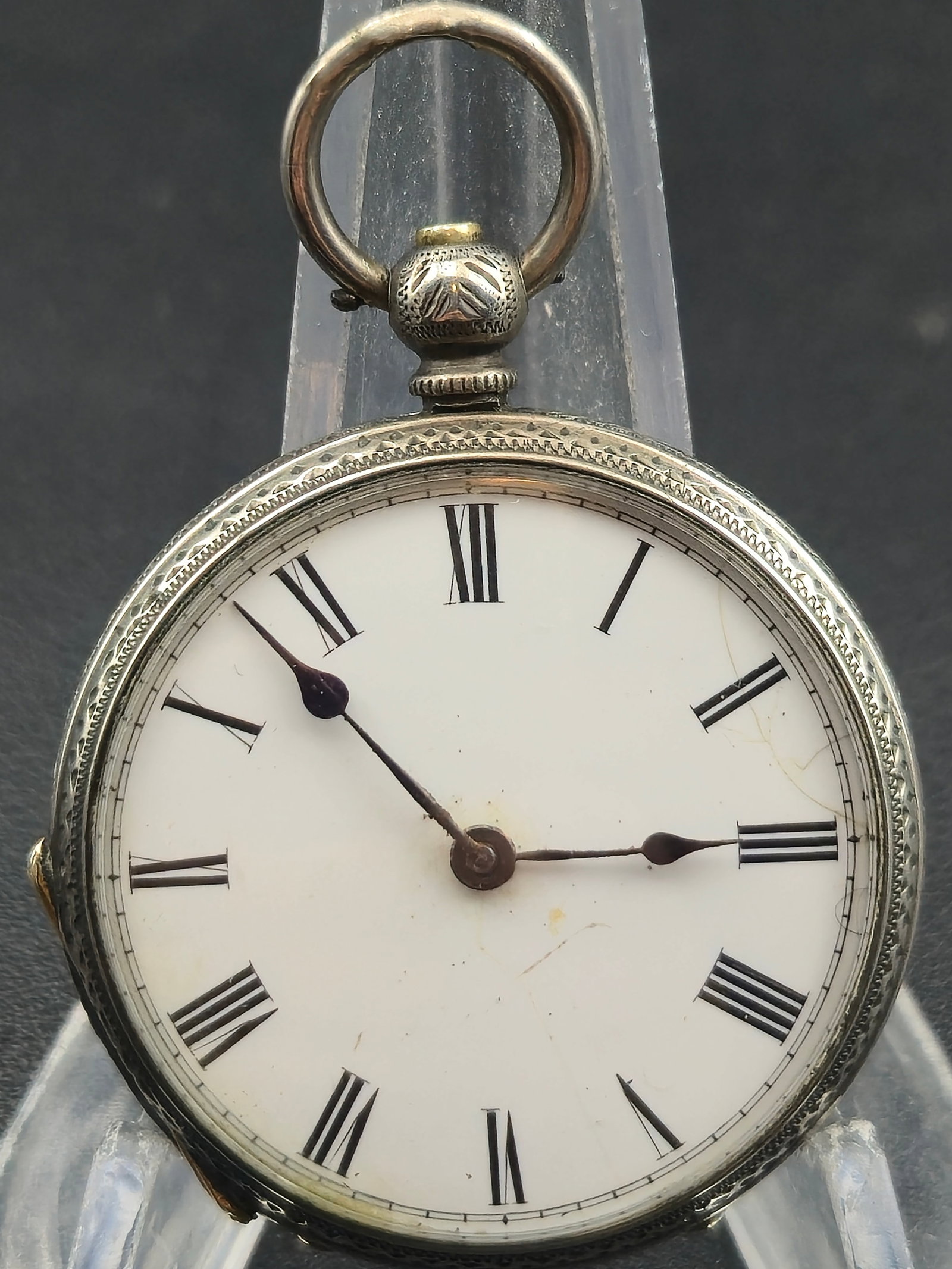 Fine Silver 39mm Swiss Pocket Watch Roman Dial Floral Case Keywind Runs c.1880s (1 of 10)