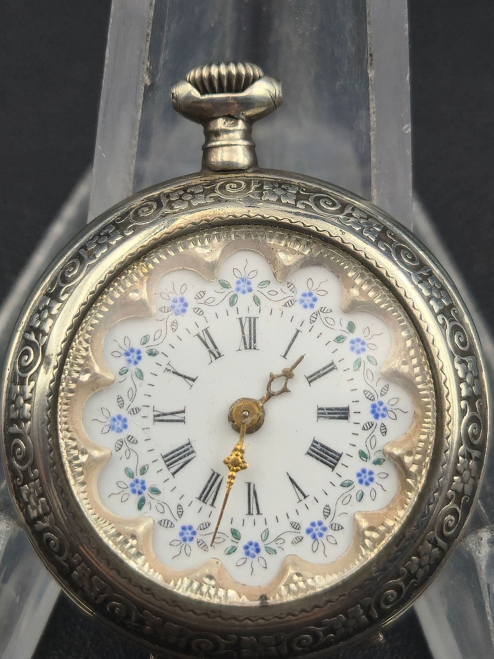 c.1890s Swiss 32mm Floral Enamel Dial Pocket Watch Fancy Case Runs (1 of 7)