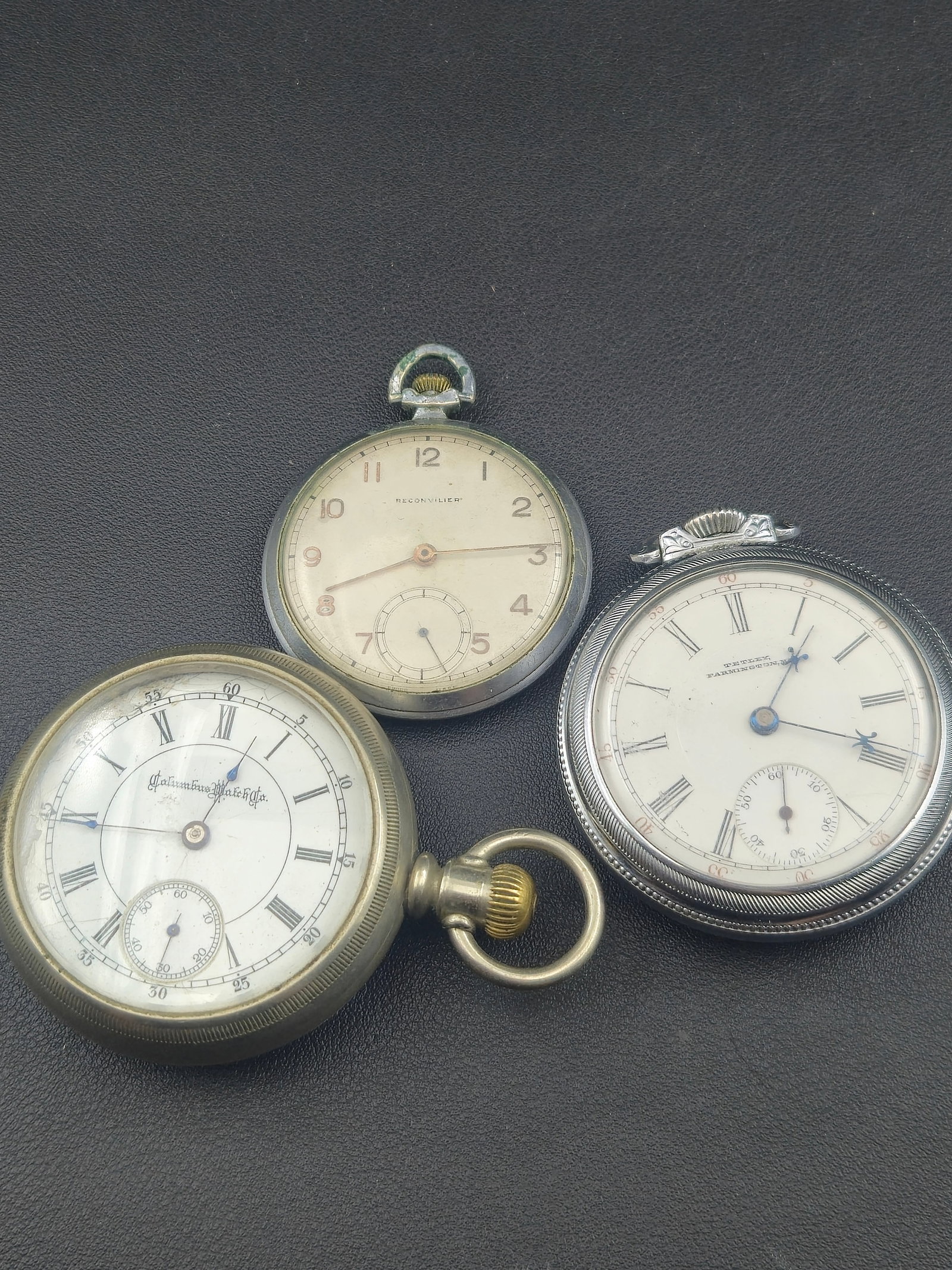 Lot of 3 Antique Pocket Watches P.S. Bartlett Private Label Columbus Swiss Reconvillier Untested: Group lot of three antique pocket watches offered together. This lot includes a P.S. Bartlett private label American pocket watch, a Swiss Reconvillier pocket watch, and a Columbus Watch Co. American