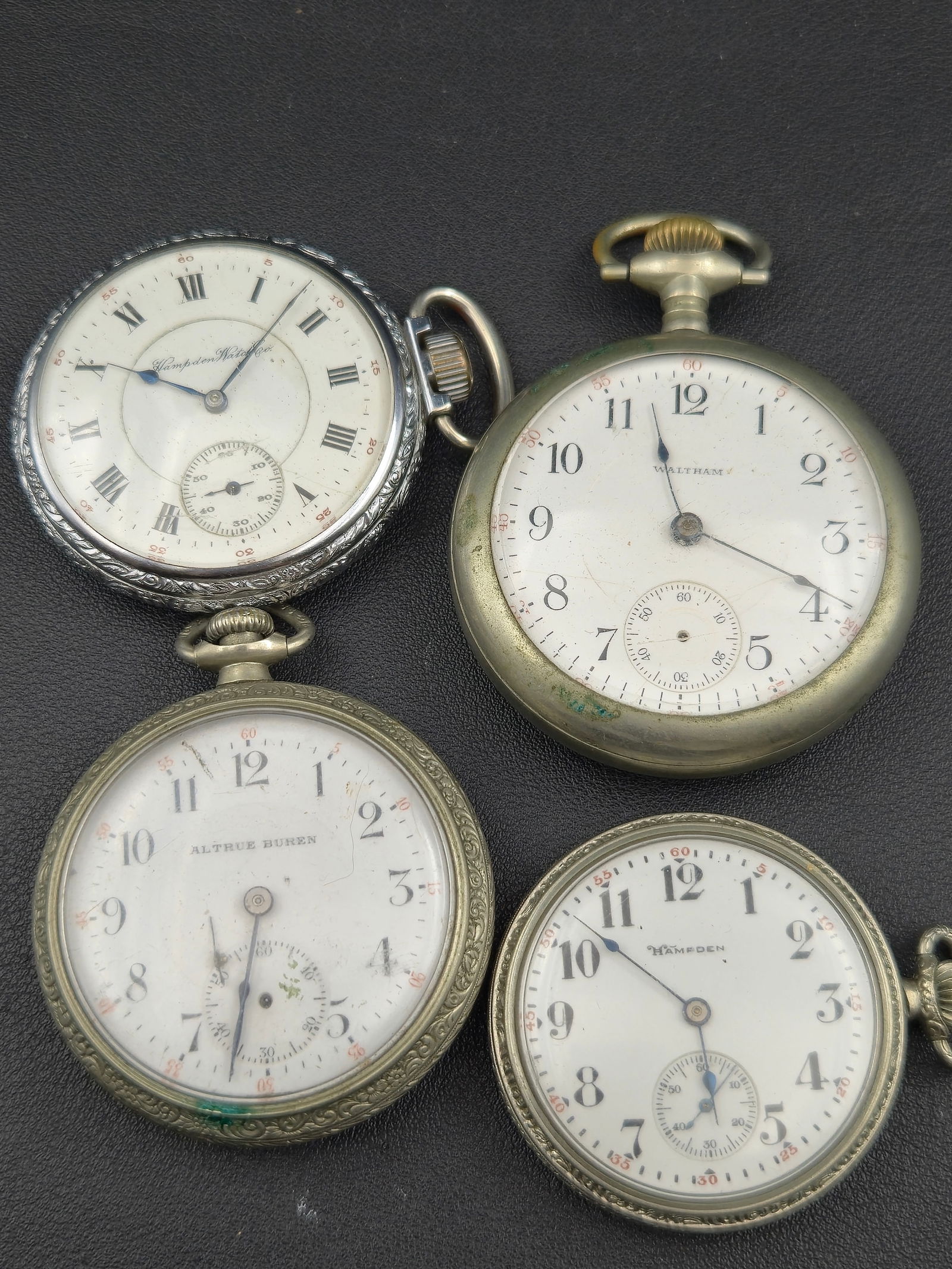Lot of 4 Antique Pocket Watches, Waltham, Hampden, Elgin, Altrüe Buren, Untested: Group lot of four antique pocket watches offered together, exactly as shown in the photographs. The lot includes a Waltham pocket watch, a Hampden pocket watch, an Elgin pocket watch, and an Altrüe B