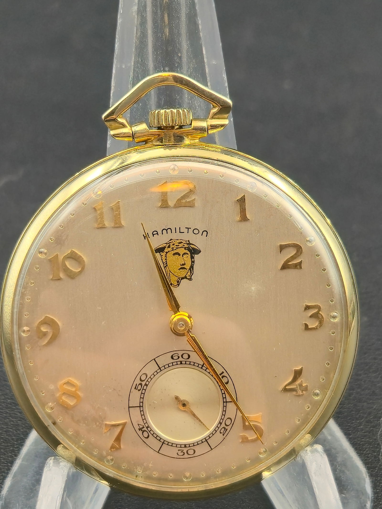 Hamilton 16s 23J 5 Pos Pocket Watch Indian Head Dial 10K GF Star Case Near Mint Running: High-grade American pocket watch by Hamilton Watch Company of Lancaster, Pennsylvania, featuring a 23-jewel movement adjusted to 5 positions. This 16-size open-face watch retains its original Hamilton