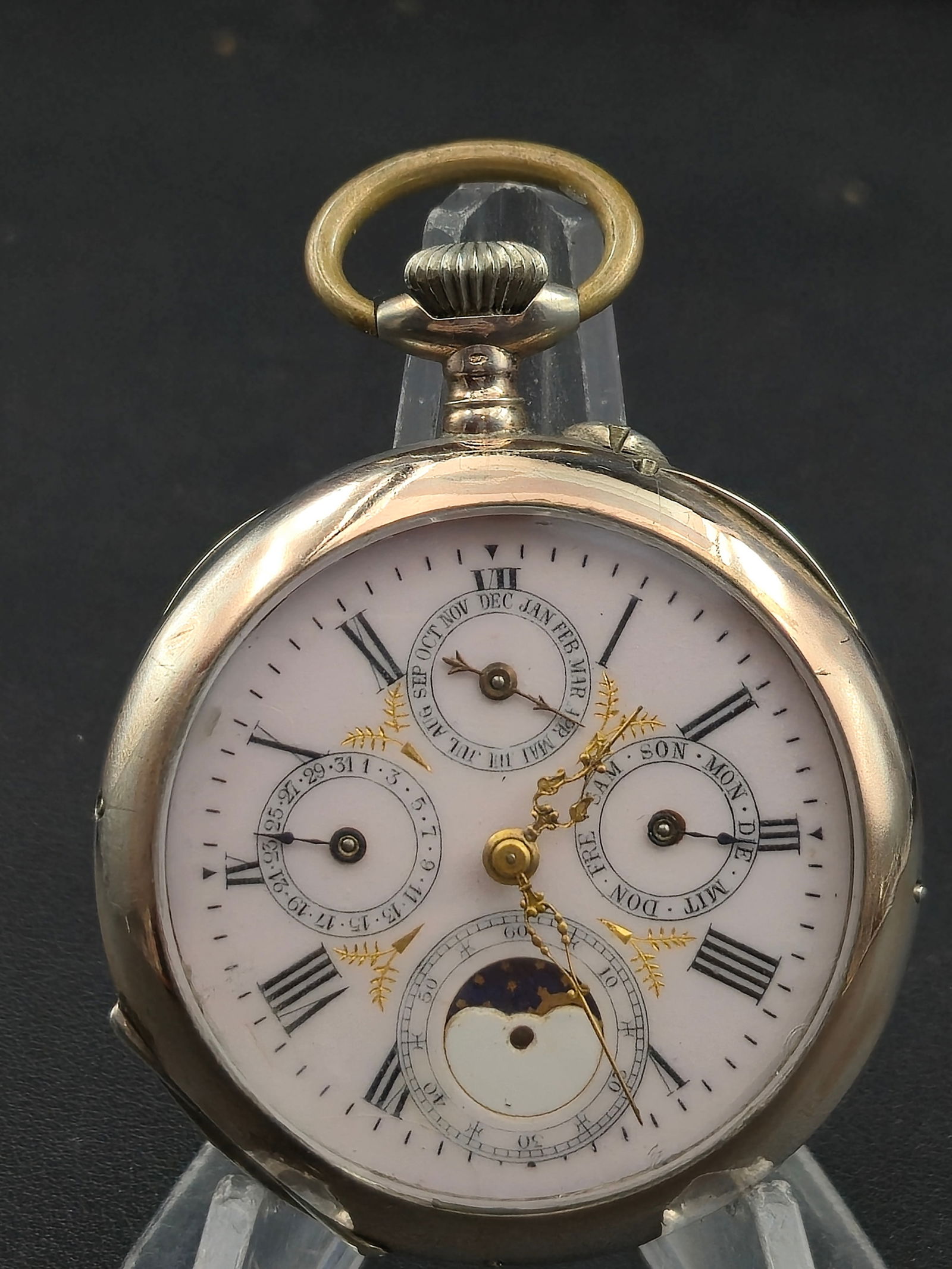 c1900 Swiss Triple Calendar Moonphase Pocket Watch .800 Silver Case Runs Needs Sec Hand (1 of 12)