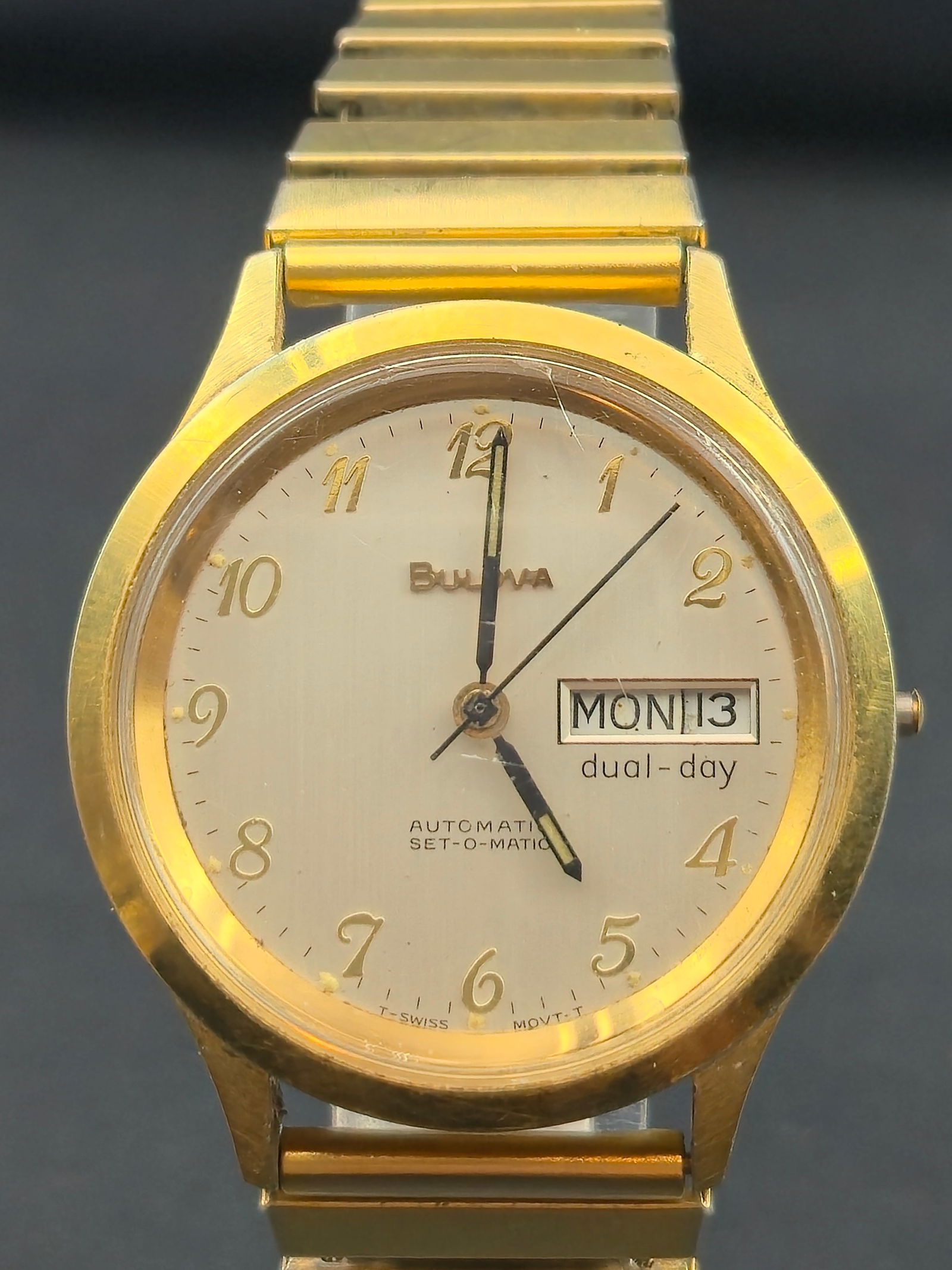 Bulova Automatic Day-Date N7 (1977) Gold-Tone 35.8mm 10K GP Set-O-Matic Runs (1 of 9)