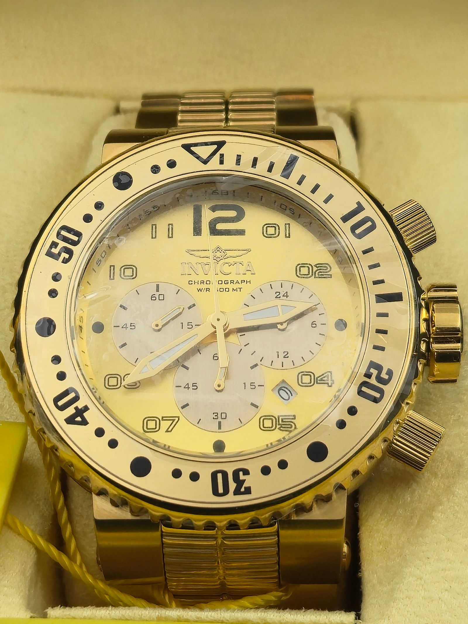 Invicta Chronograph Gold Tone Watch Model 25076 52.12mm 500M Quartz Full Set w/Box Plastics (1 of 11)