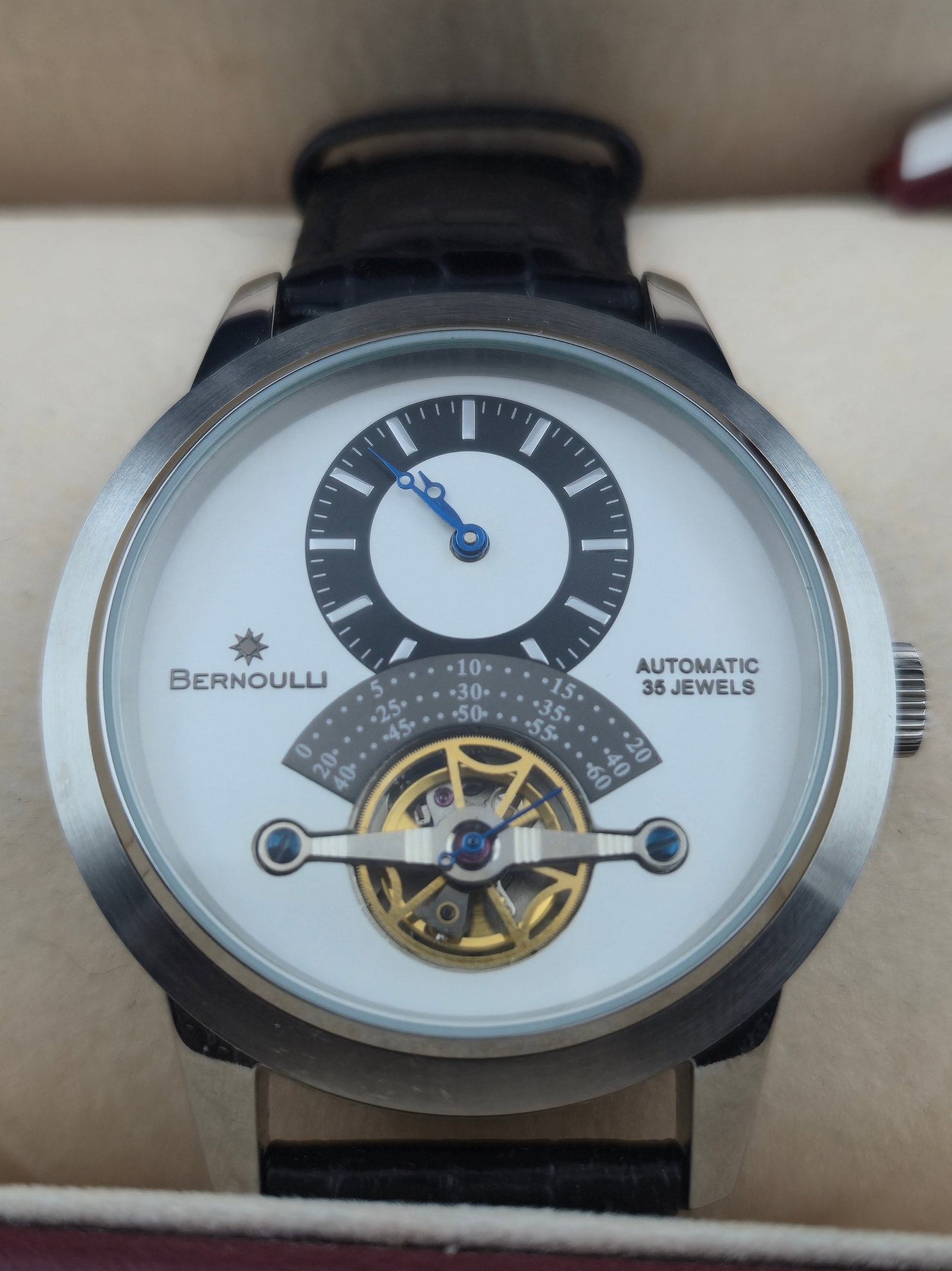 Bernoulli Automatic 35J Open Balance Watch Stainless Steel Black Leather Strap NOS w/Box & Card (1 of 11)
