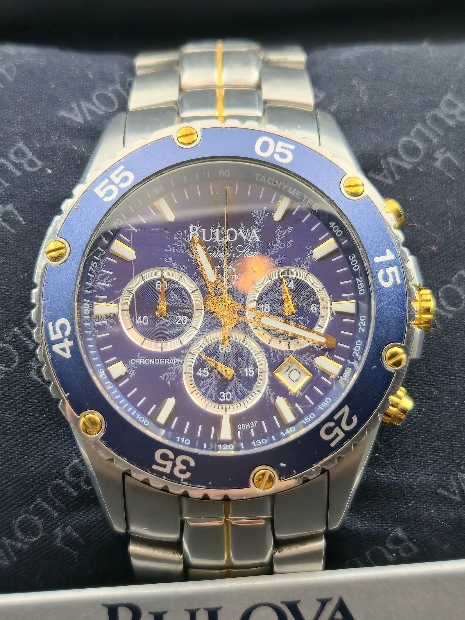 Bulova Marine Star Chronograph Blue Dial Two Tone Bracelet Box Papers Extra Links New Battery (1 of 10)