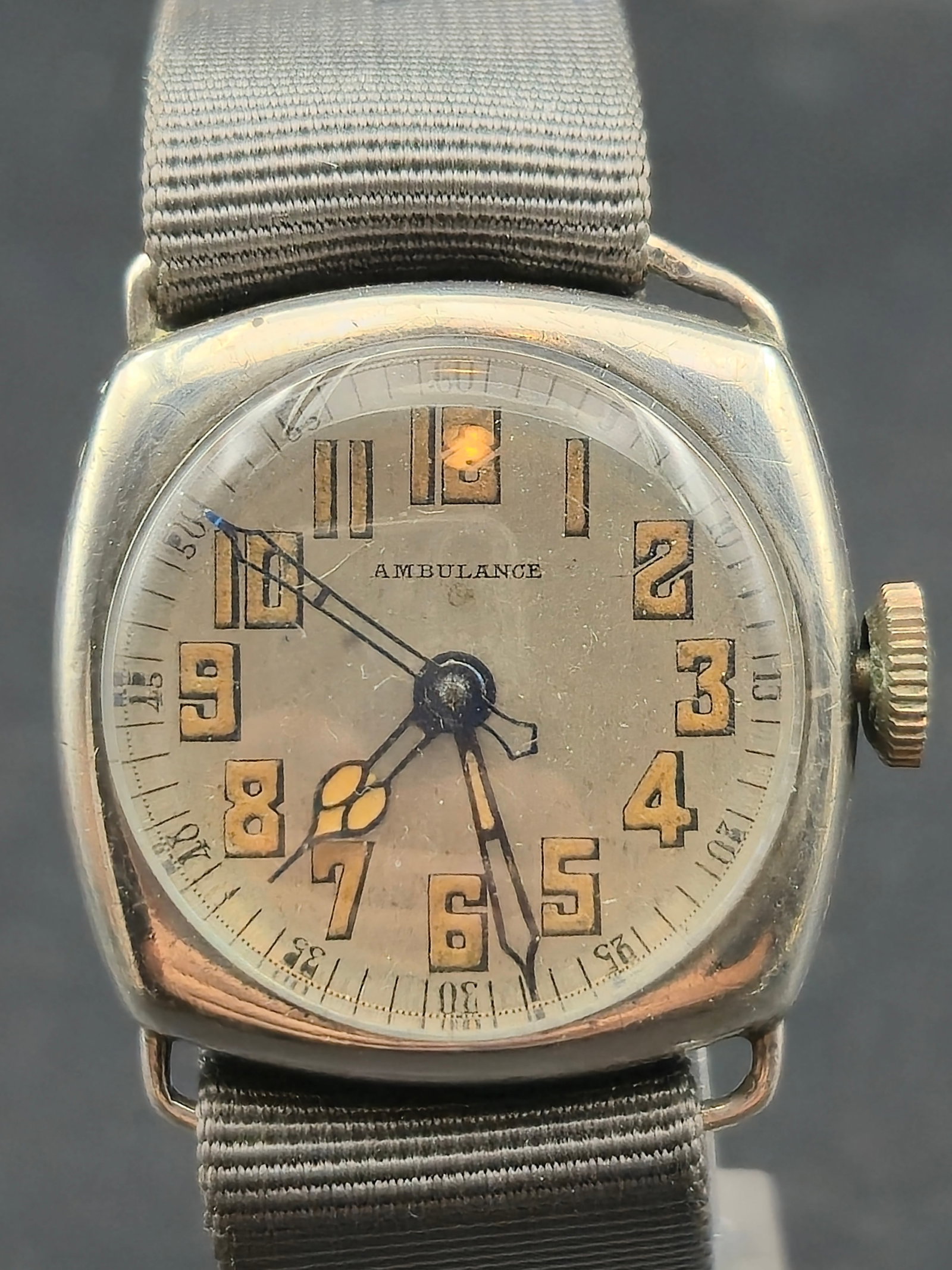 1910s Swiss Ambulance Trench Watch Sterling Silver 11J 25.9mm Didisheim Running: This early World War I–era Swiss trench watch dates to the circa 1910s and features a dial marked “AMBULANCE,” indicating medical or field service use. Housed in a sterling silver (.925) cas