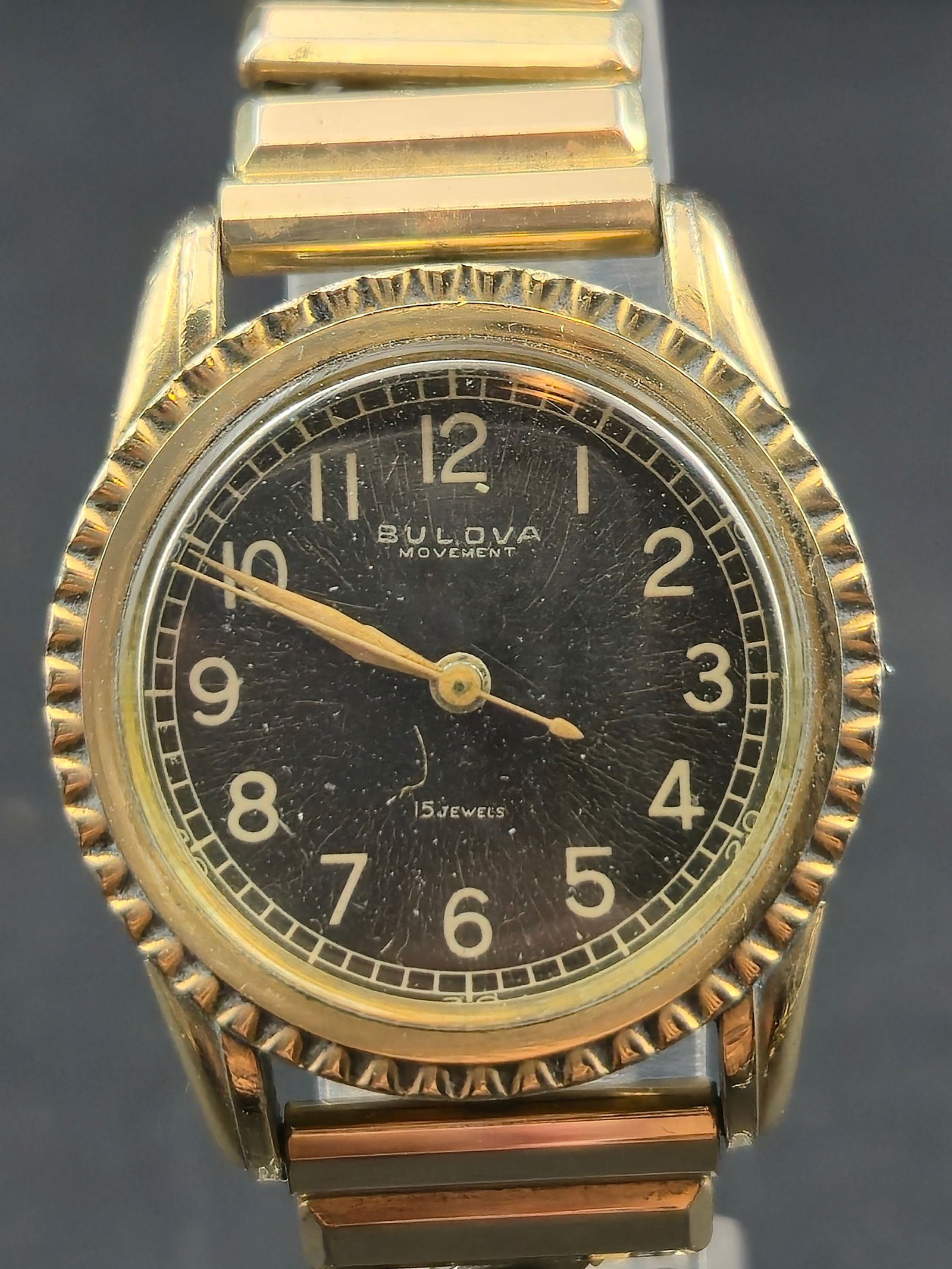 1940s Bulova Military Style Dial 15J 10K RGP Bezel 29.2mm 14K GF Band Runs (1 of 12)