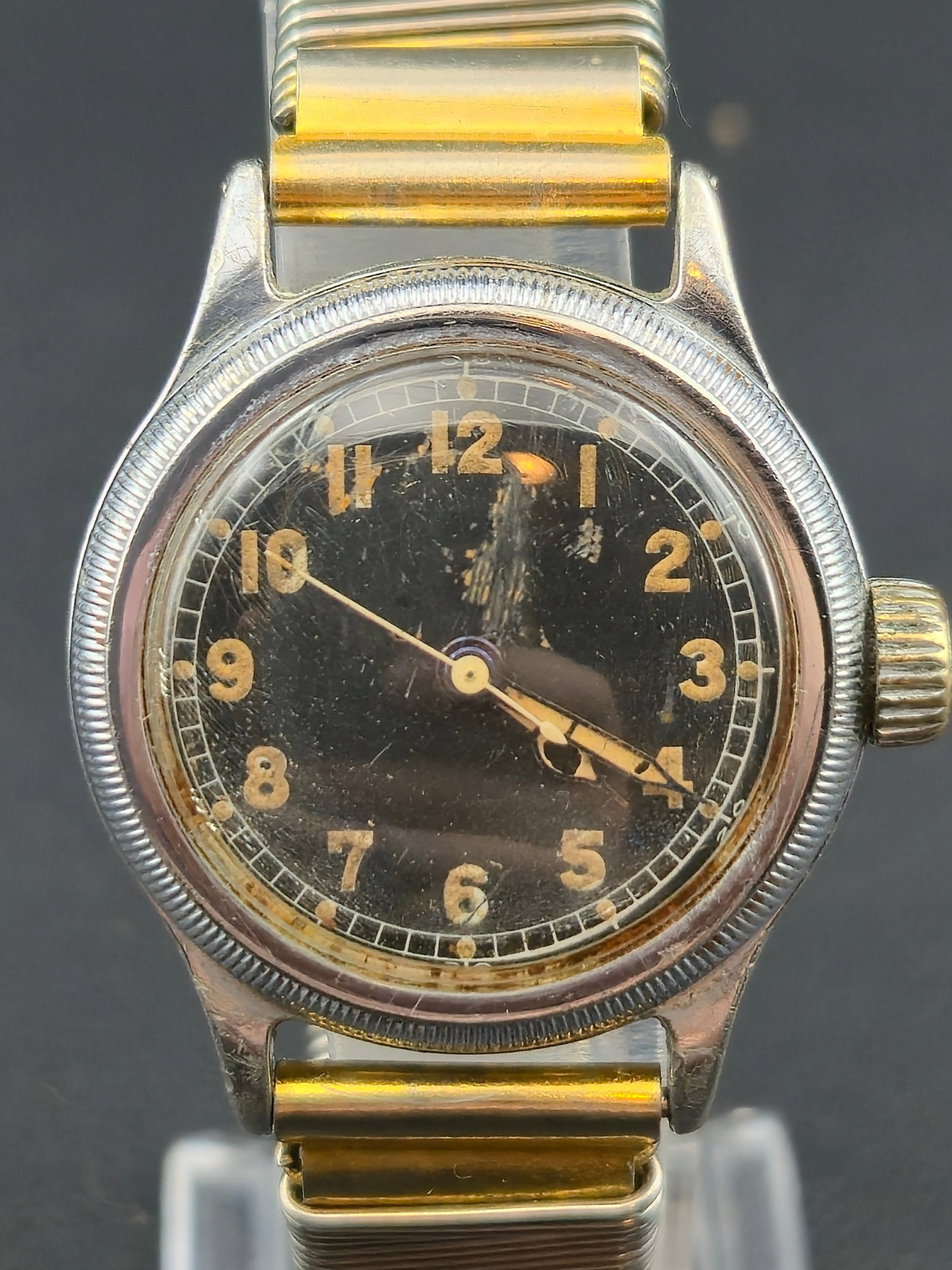 Bulova U.S. Army A-11 WWII Military Wristwatch Black Dial circa 1944: Original World War II–era Bulova U.S. Army A-11 military wristwatch, running and keeping time at the time of listing. Service recommended. This watch features the correct black military dial with lu
