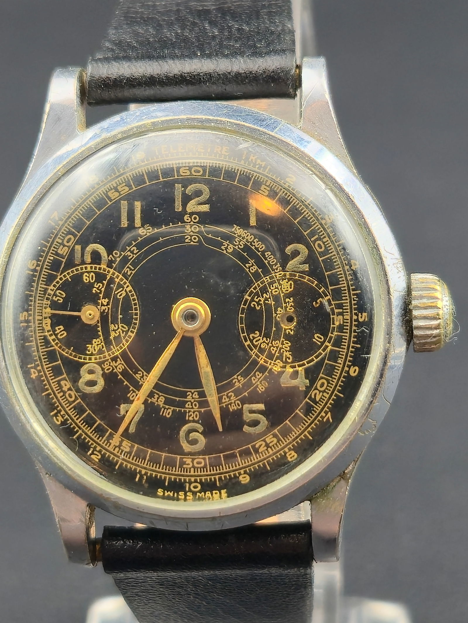Vintage Swiss Chronograph Wristwatch 34.06mm Black Telemetric Dial “DON’T FORGET LINDY” (1 of 11)