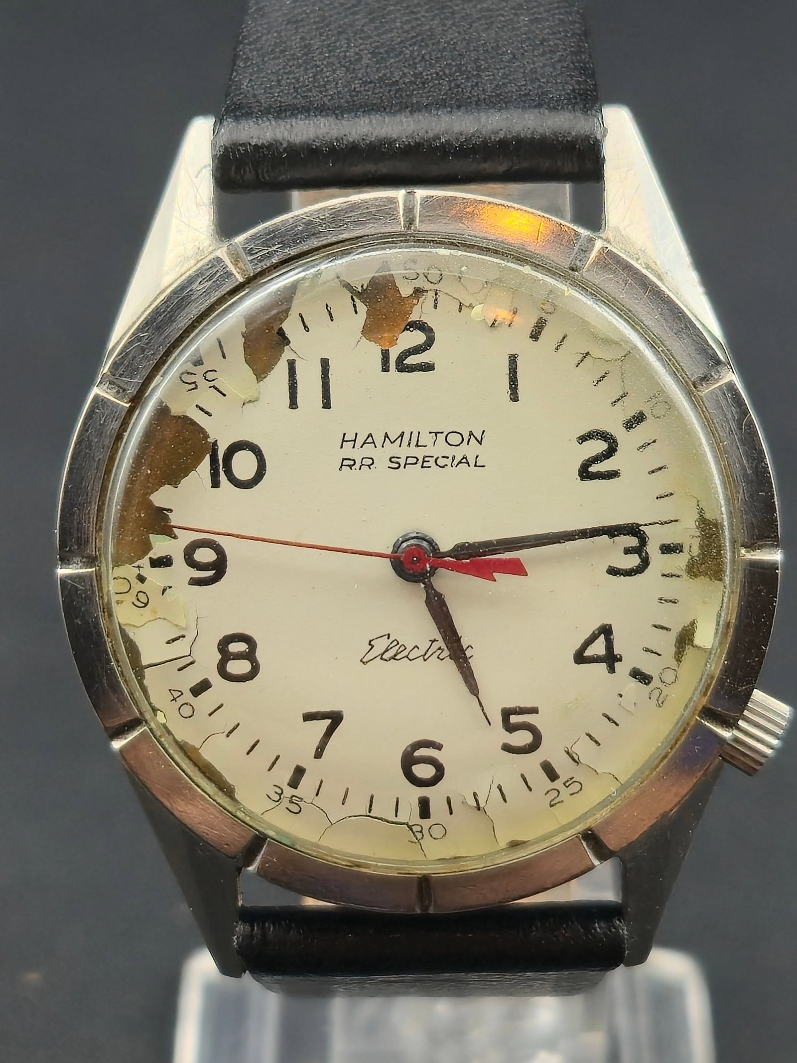 Hamilton RR Special Electric Stainless Steel Wristwatch c.1960: Vintage Hamilton RR Special Electric wristwatch featuring a white dial with bold Arabic numerals, red lightning-bolt seconds hand, and inner minute track. Dial is signed Hamilton RR Special Electric. 