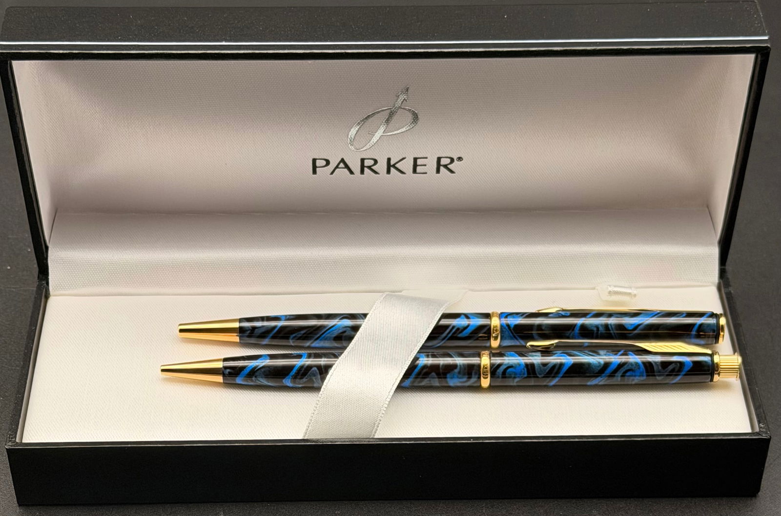 Vintage Parker Duofold Style Pen & Pencil Set – Blue Black Marble – Gold Trim – 1960s (1 of 7)