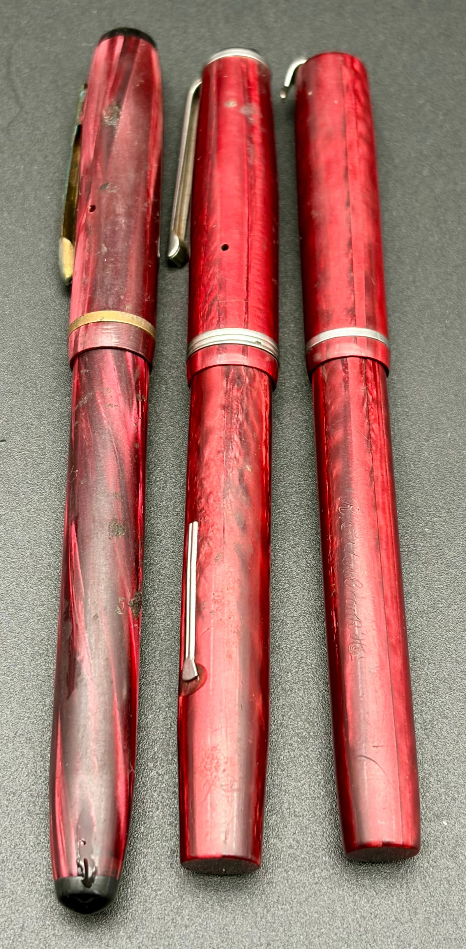 Rare Red Celluloid Fountain Pen Trio – Sheaffer “Feather Touch” & Wearever – Original (1 of 11)