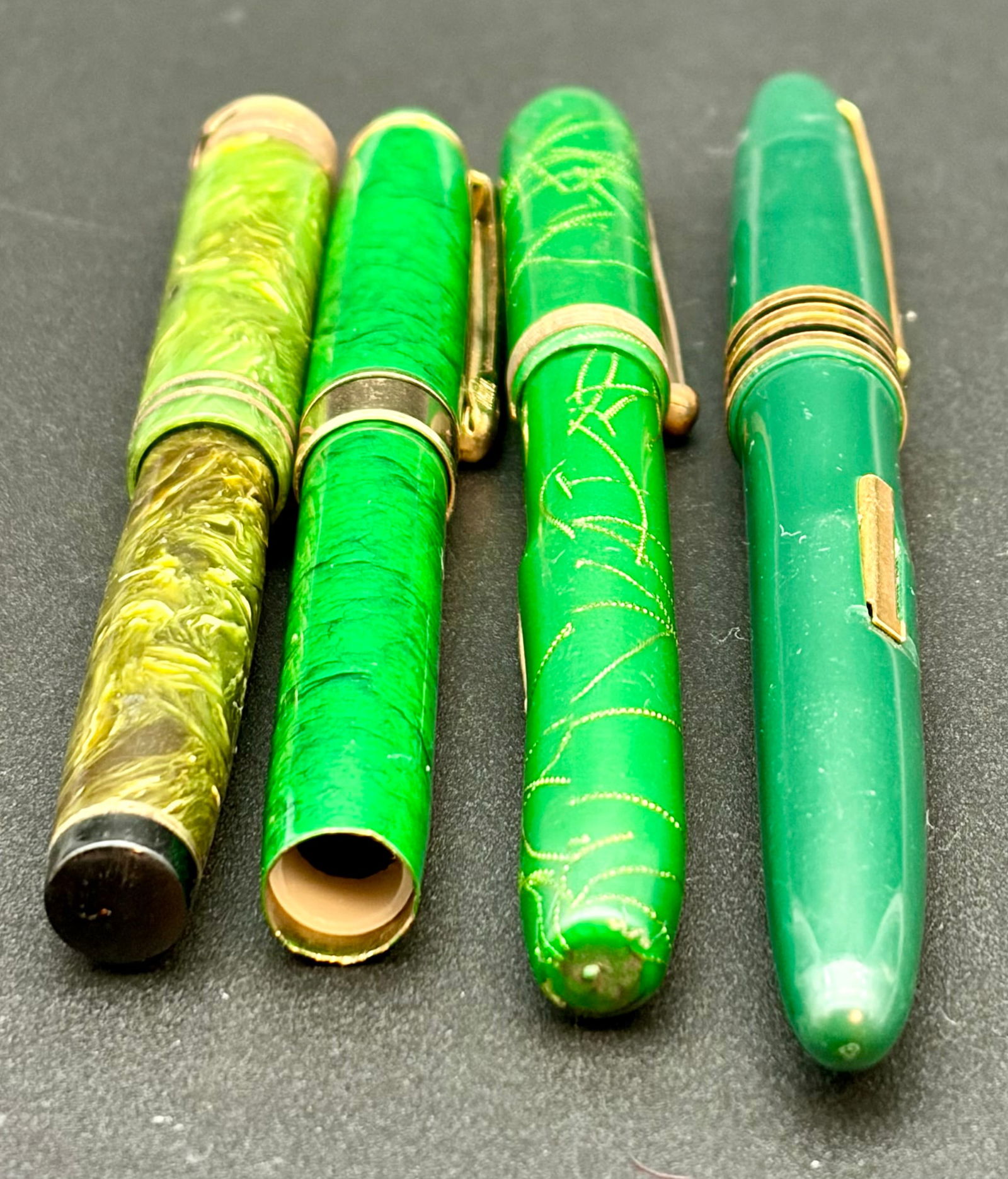 Vintage Green Fountain Pen Lot (4) – Celluloid & Teal – 14K Gold Nib, Esterbrook – Art Deco (1 of 14)