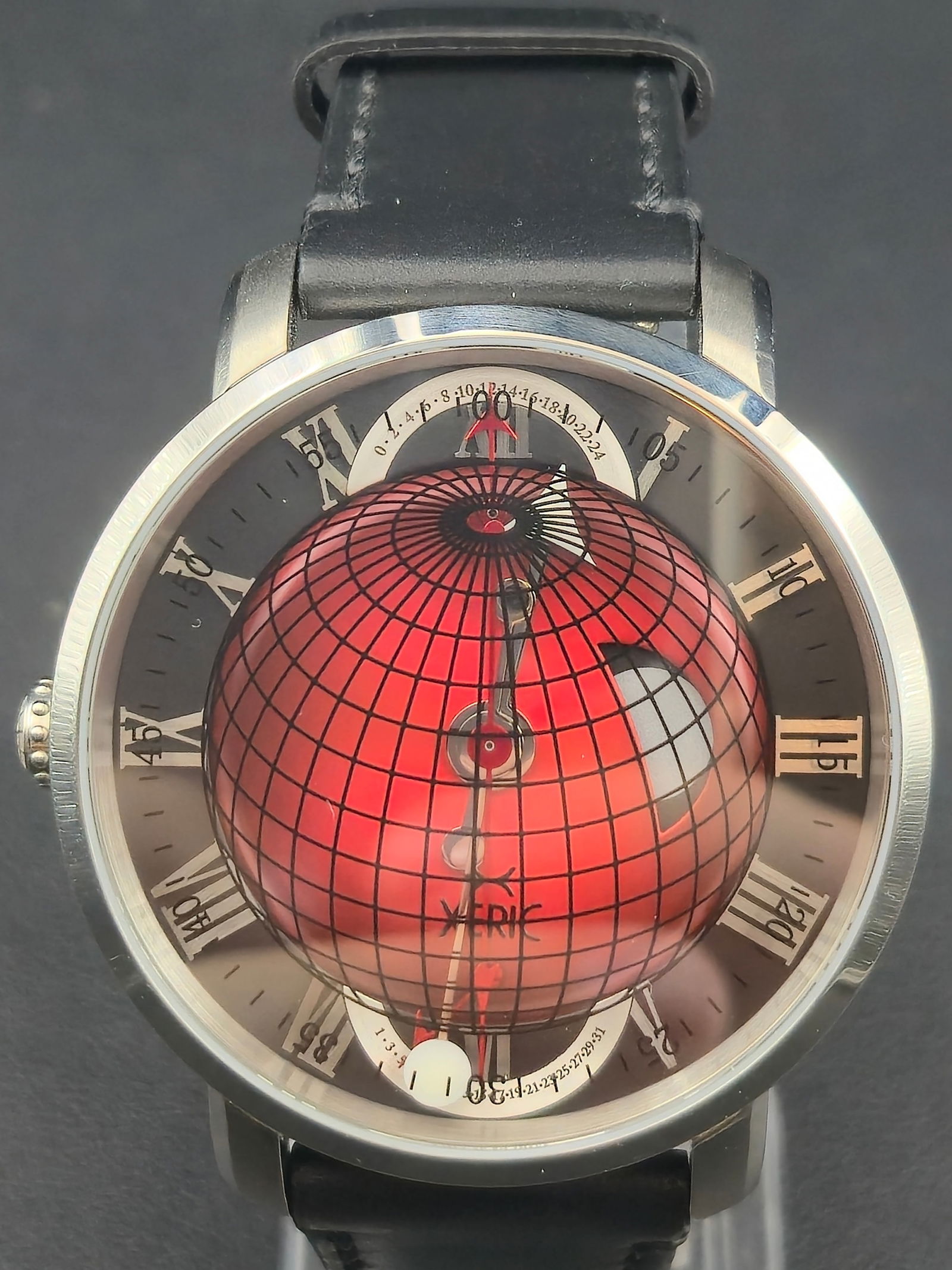 Xeric Modern Quartz Watch Hemisphere Globe Dial Limited Edition 46mm New Battery: Modern-era Xeric quartz wristwatch featuring a distinctive three-dimensional globe dial with Roman numeral hour markers and red hemisphere design. Screw-back case with engraved globe motif and limited