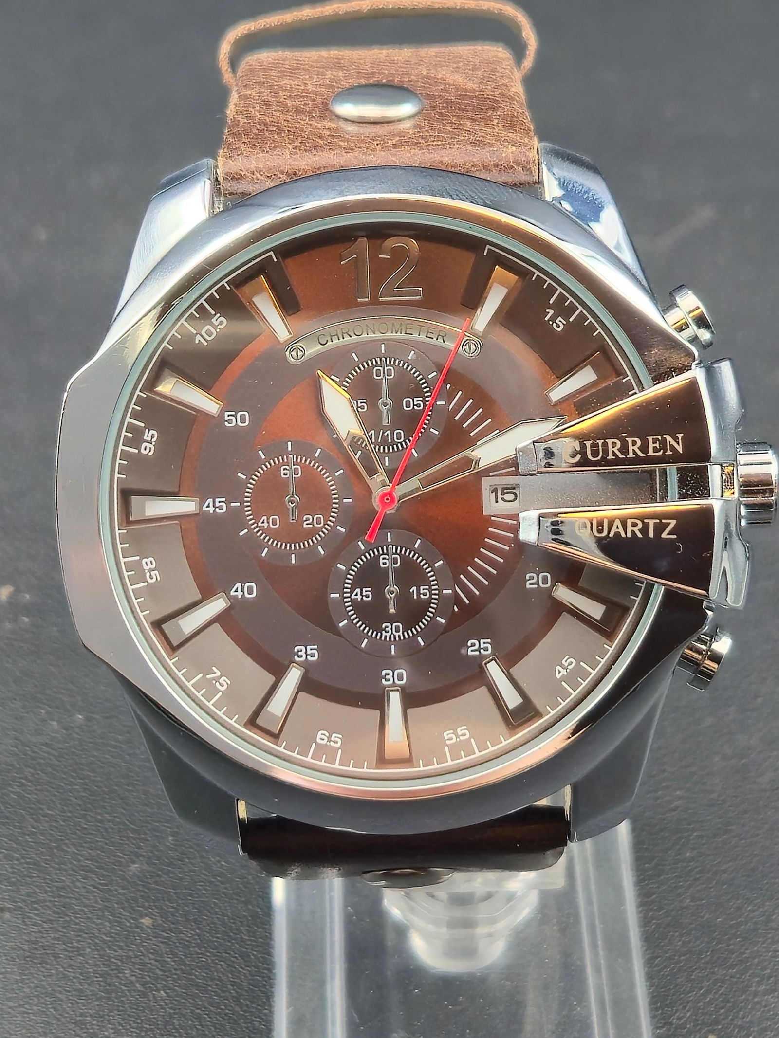 Curren Chronograph Quartz Wristwatch Brown Dial Leather Strap 54mm Modern (1 of 9)