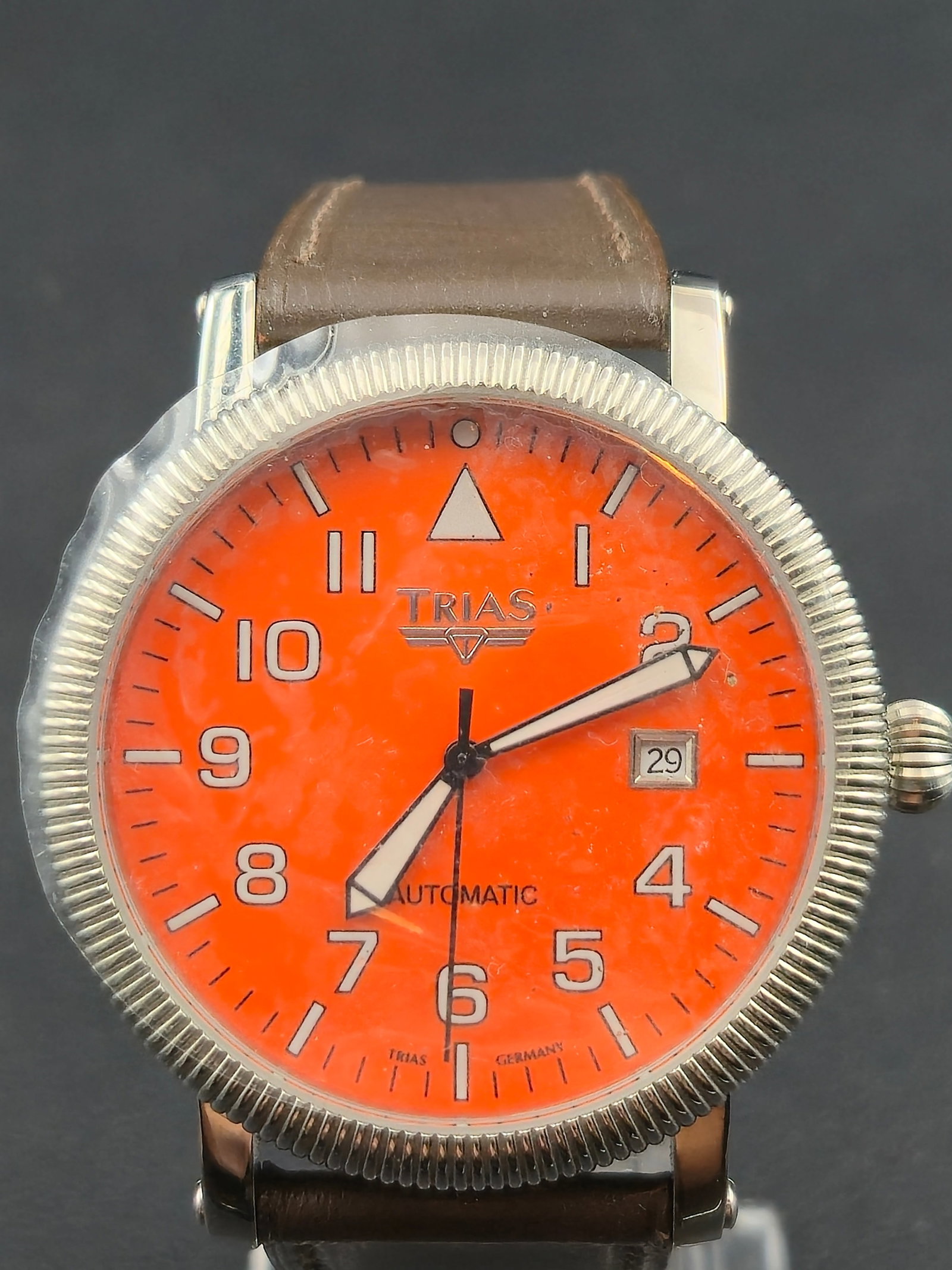 Trias Automatic Orange Dial Date Wristwatch Stainless Steel 43mm Modern (1 of 8)
