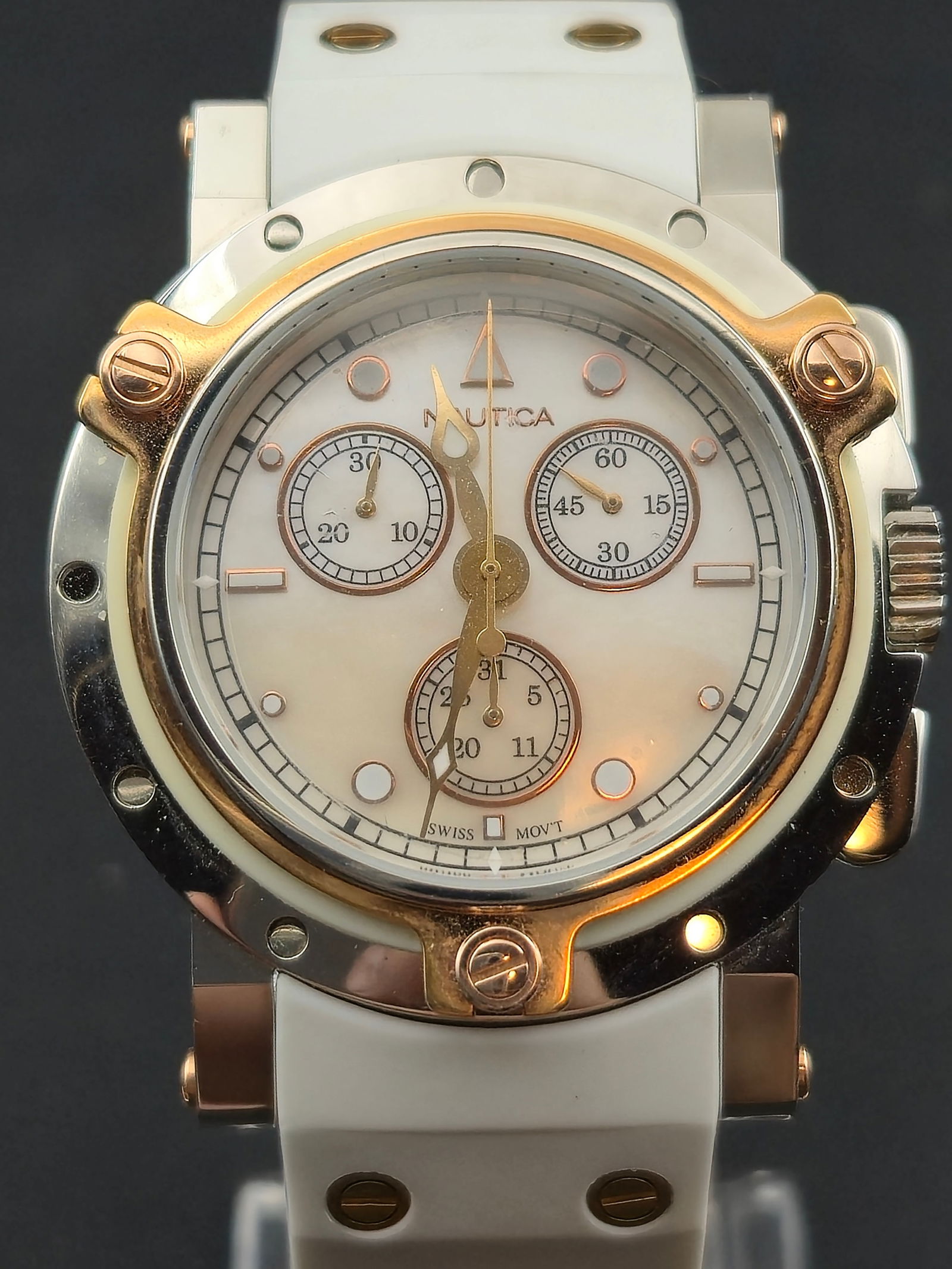 Nautica Chronograph Quartz Watch Modern Stainless Steel White Dial 41mm: Modern Nautica chronograph wristwatch featuring a stainless steel case with white resin accents and a white multi-register chronograph dial. The watch is fitted with a white rubber strap and a signed