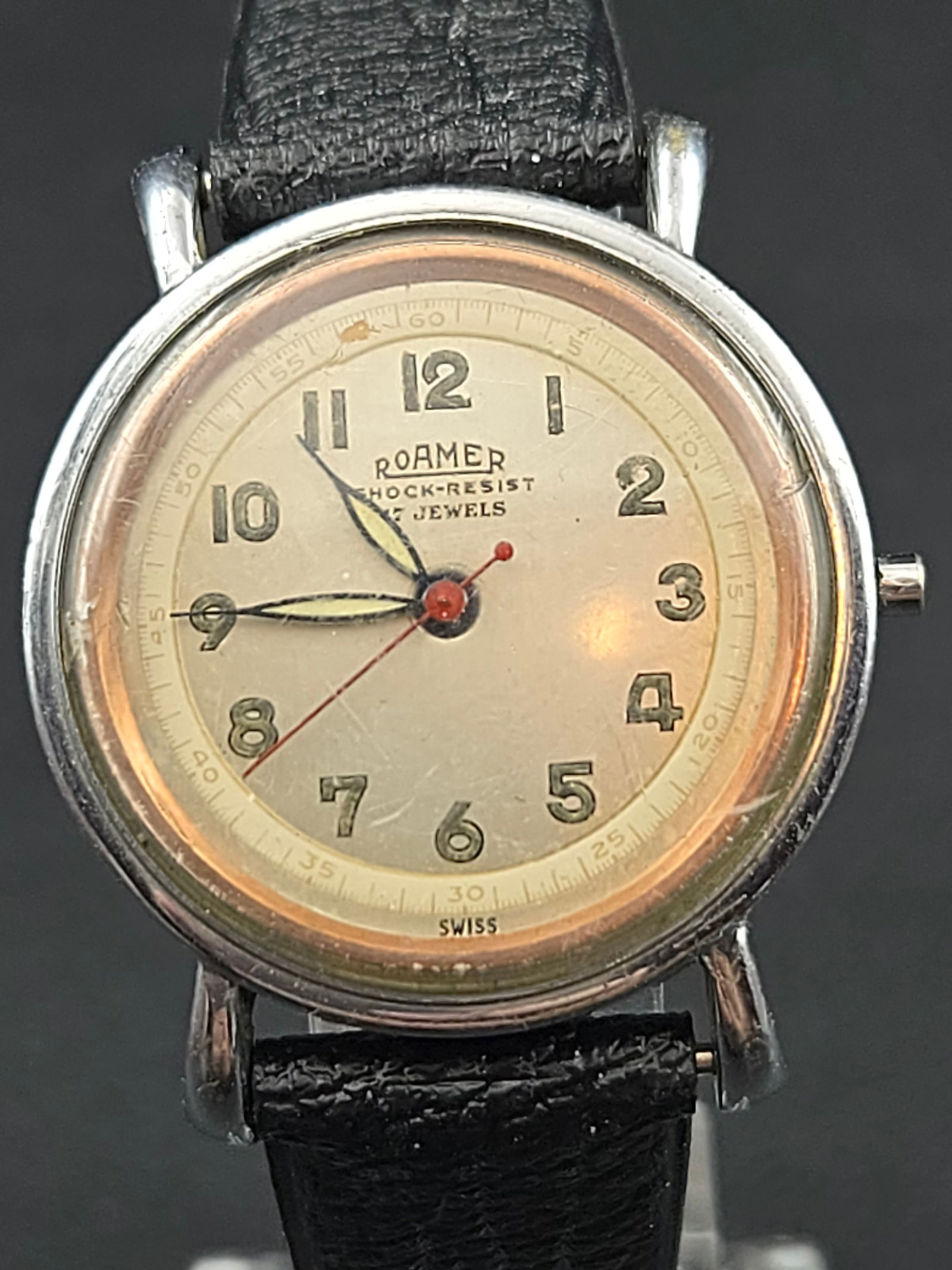 1940s Roamer Rockresist 17J Swiss Military-Style Dial Wristwatch 33mm – Starts & Stops (1 of 10)