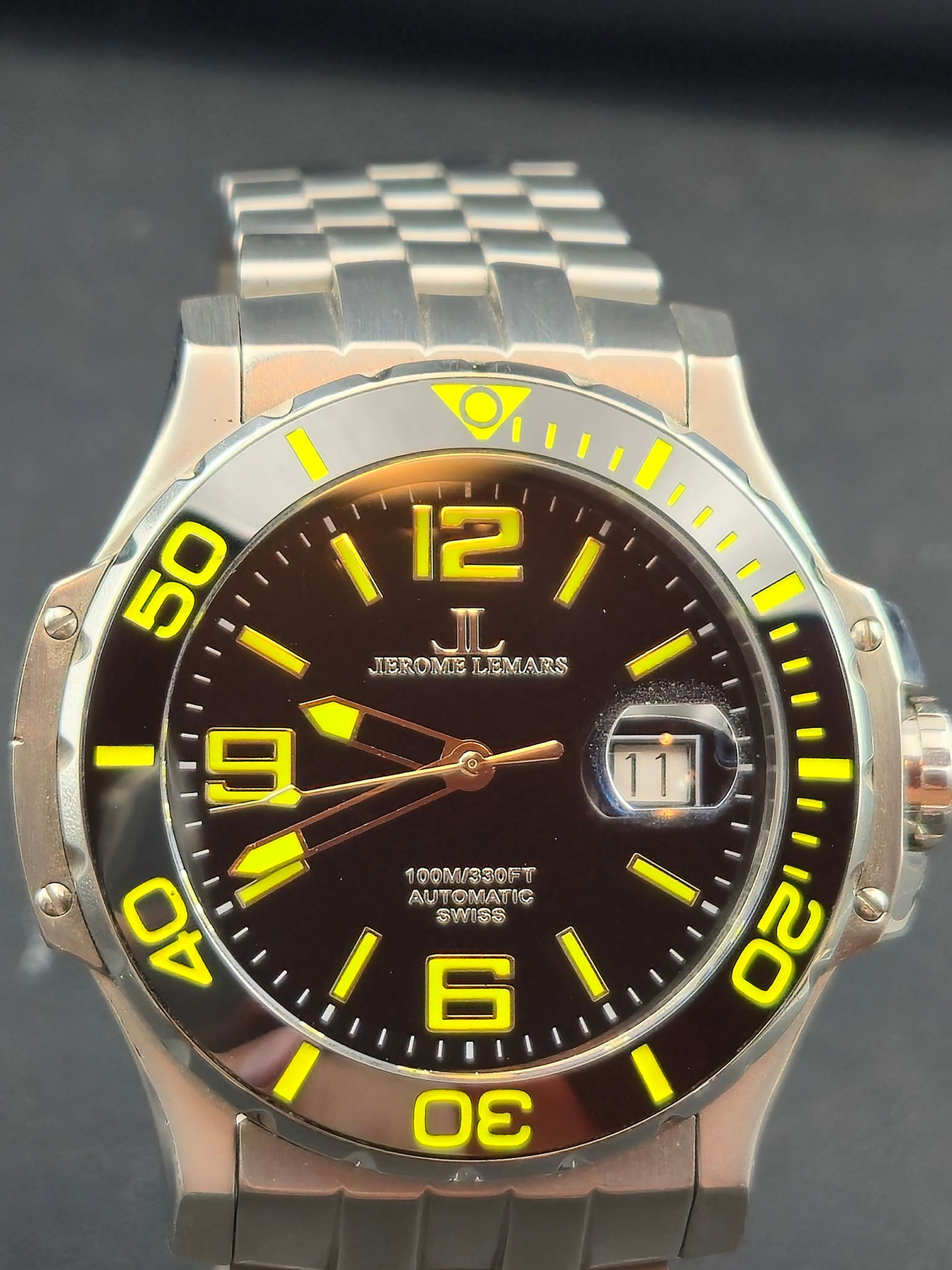 2000s Jerome Lemars Swiss Automatic Diver Watch Black Dial Yellow Lume 50mm Runs Mint (1 of 9)